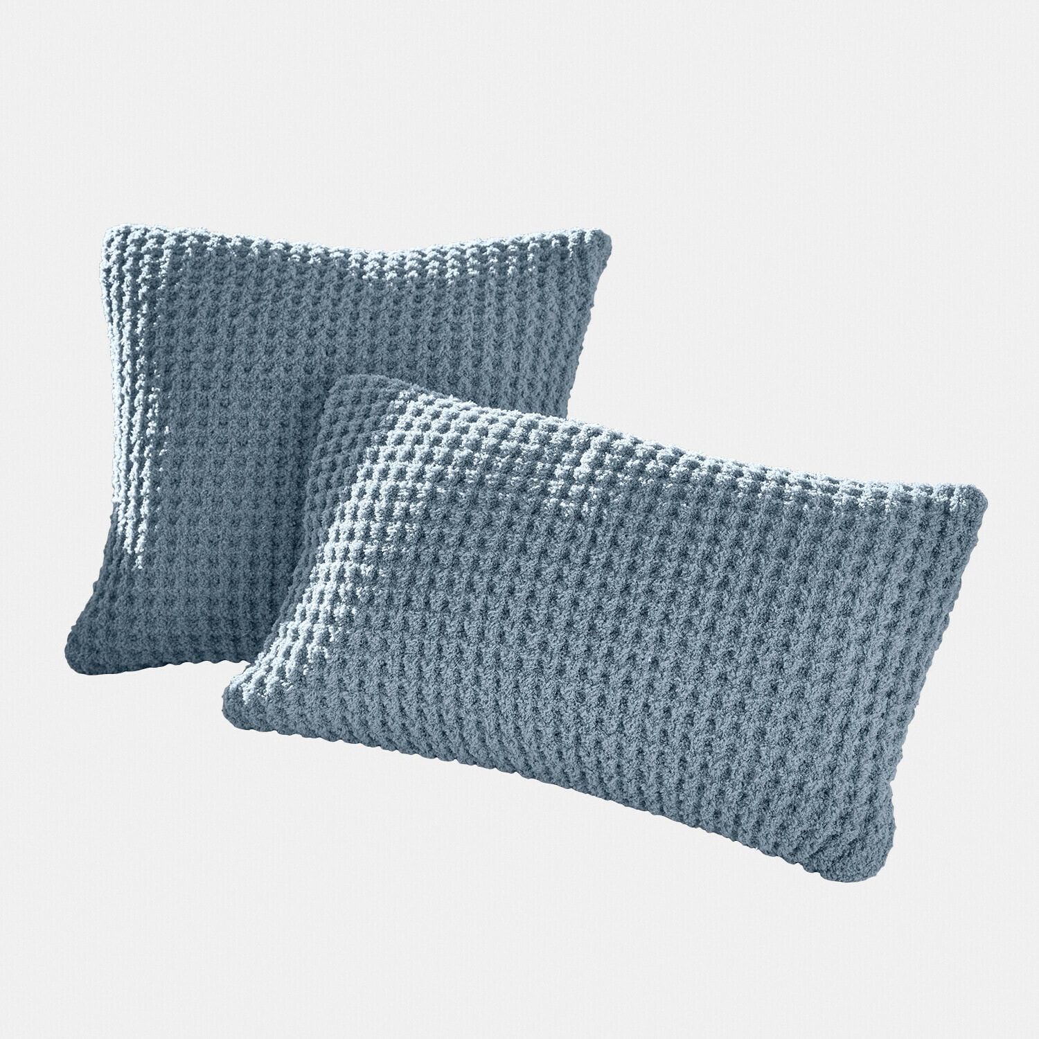 Kussenhoes set van 2 Ysilda Twee blauwe kussens van zacht gebreid materiaal met wafelstructuur voor woondecoratie