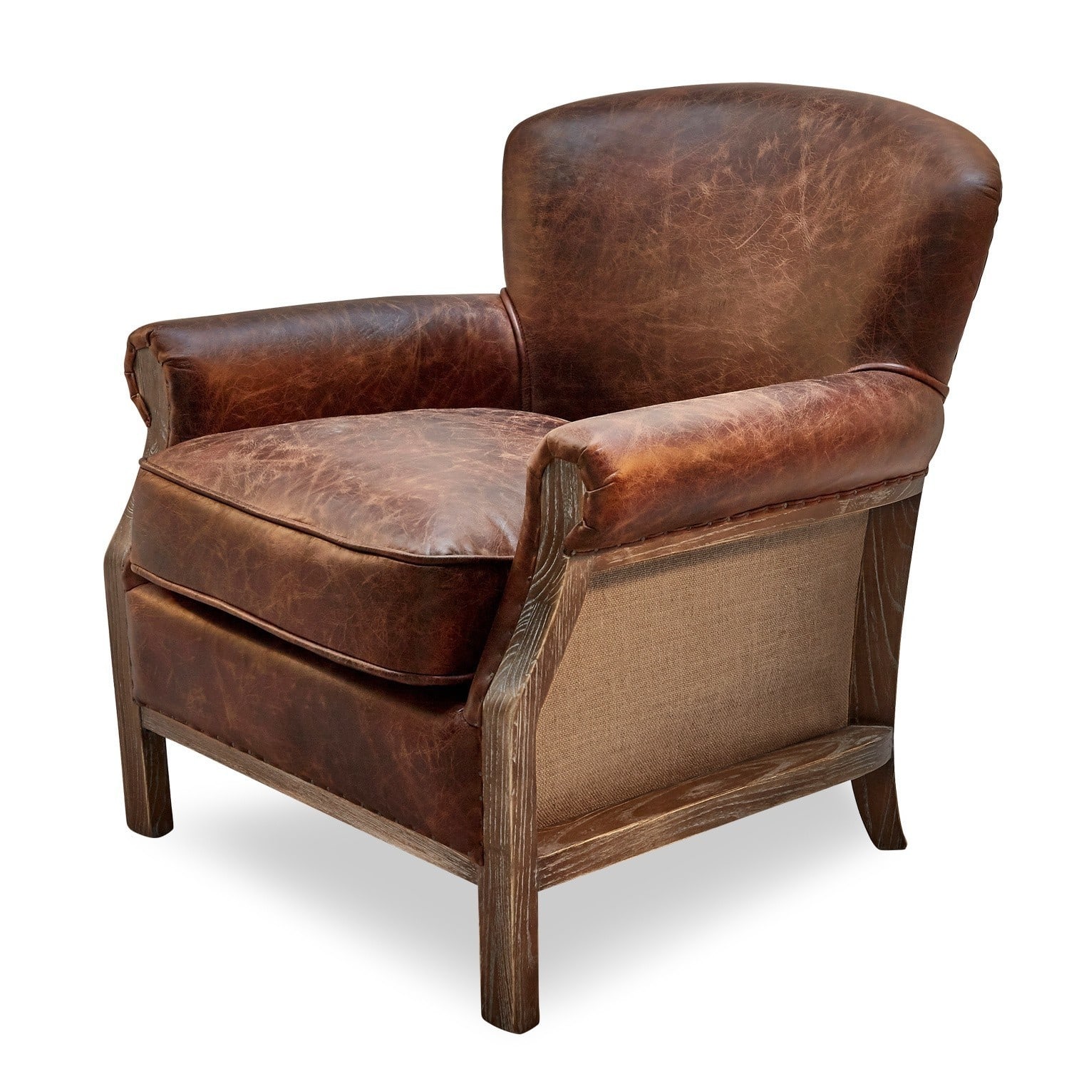 Fauteuil Banbury Bruine fauteuil van natuurlijk leer met houten frame, comfortabele zitplaats voor woonkamer