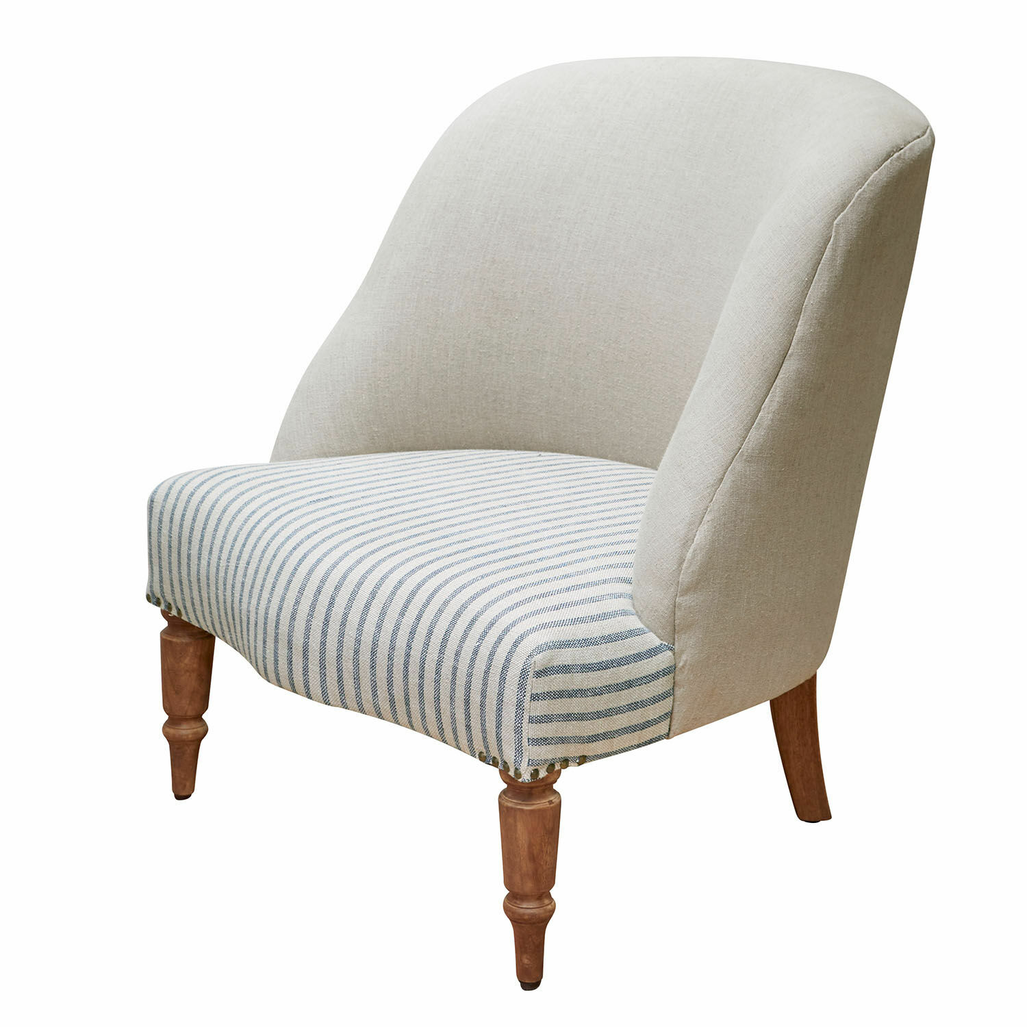 Beige Maplewood fauteuil met houten poten en grijs gestreept zitvlak voor woonkamer