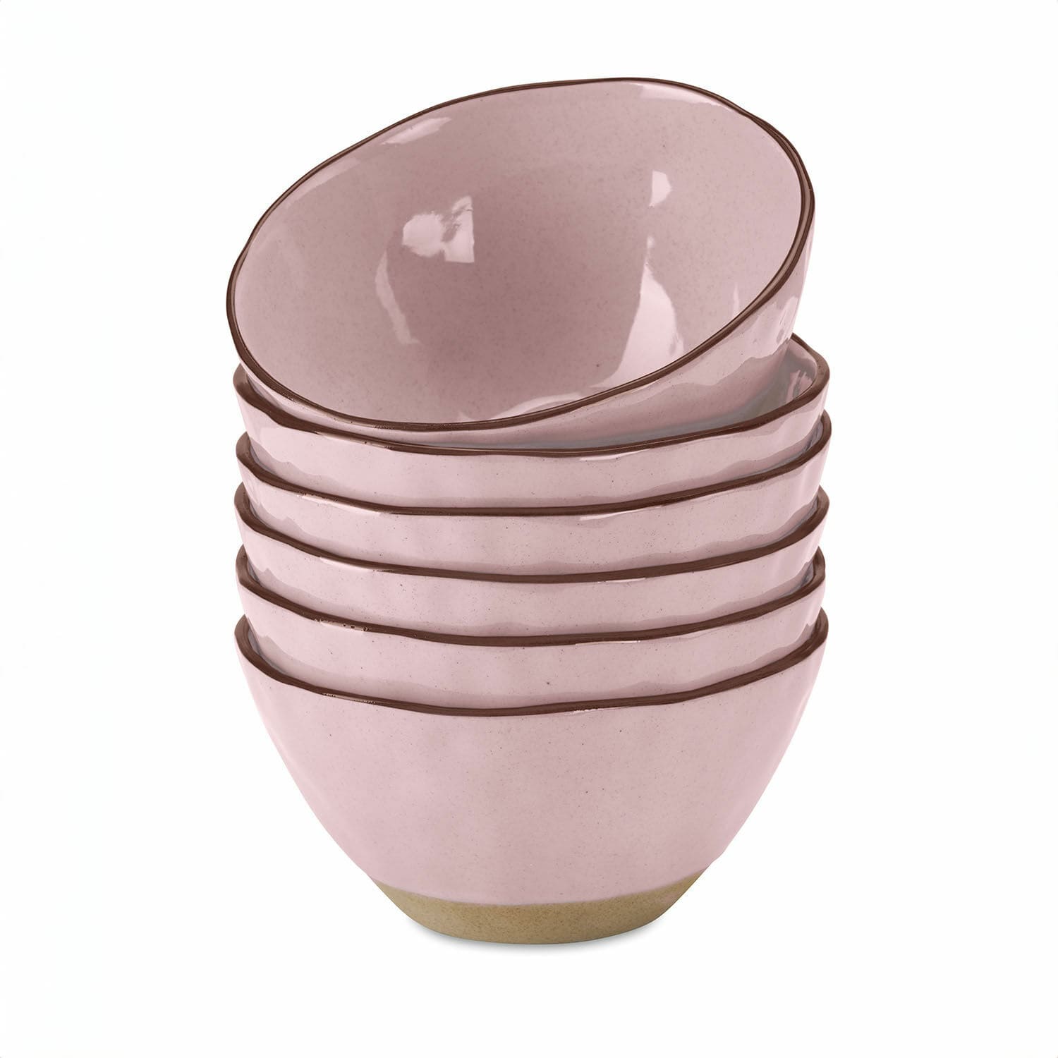 Set van vijf roze keramische kommen met bruine rand, geschikt voor keuken en eetkamer