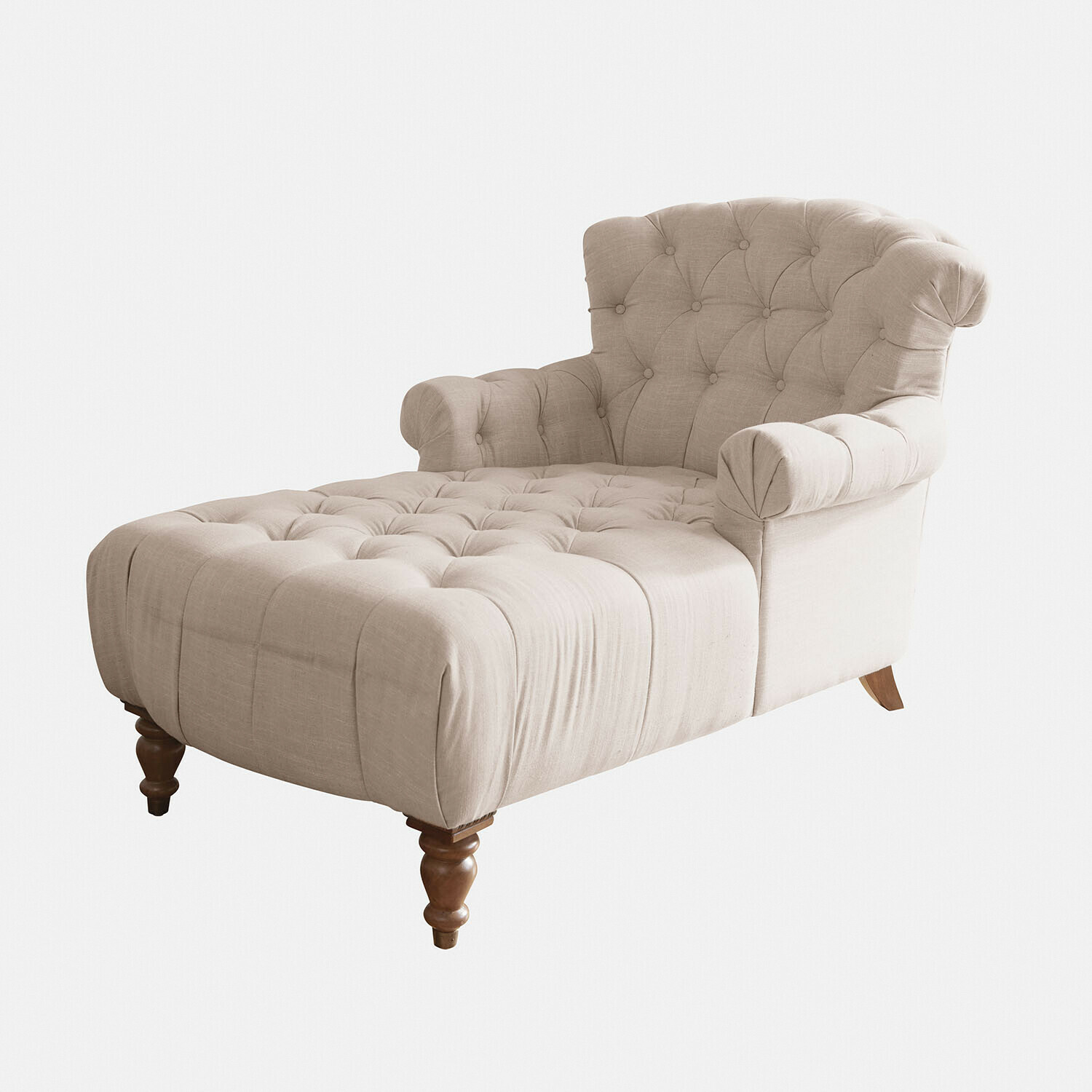 Chaise longue Springfield Village Beige gestoffeerde chaise longue van stof met capitonnage en houten poten voor woonkamer
