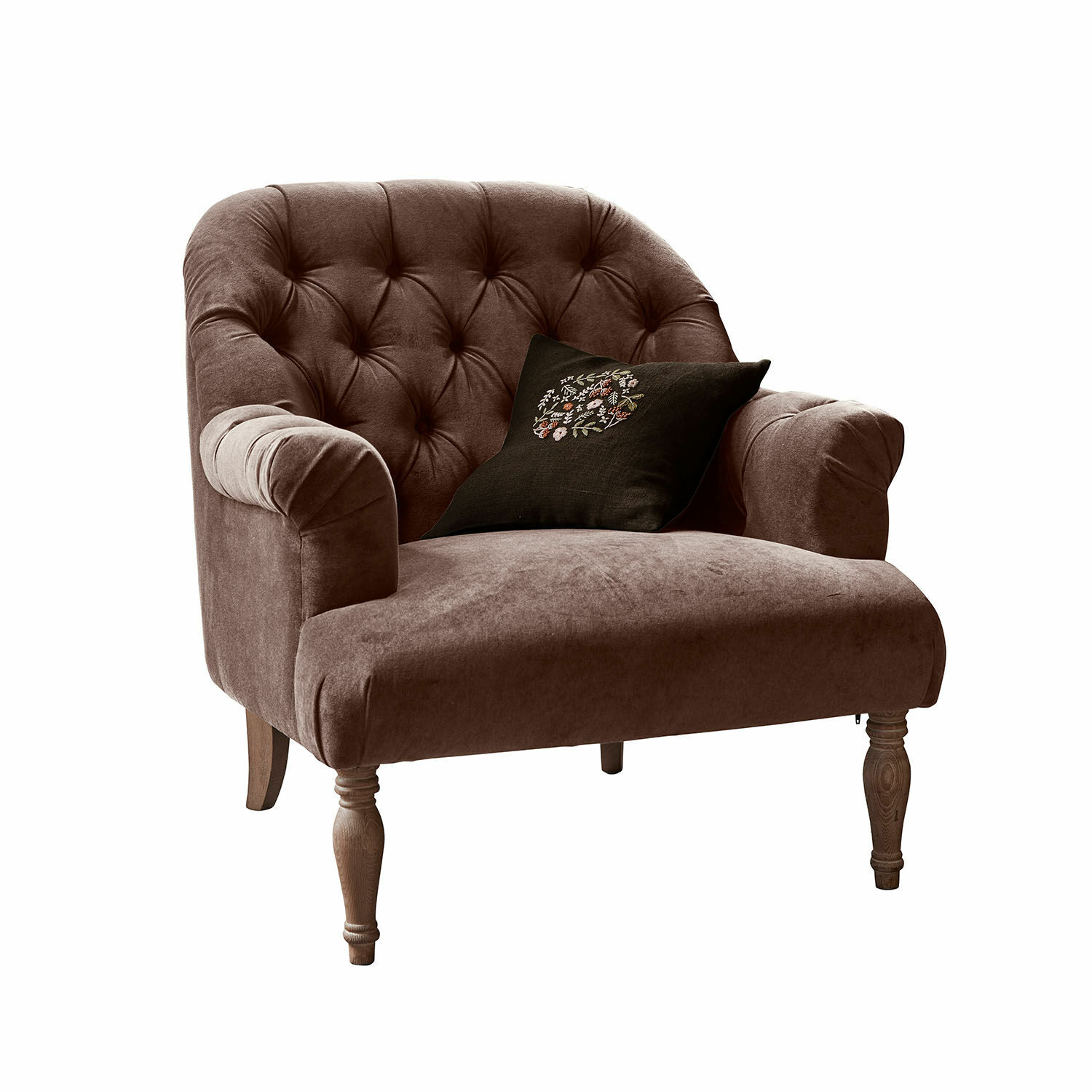 Fauteuil Shambrook Bruine fluwelen fauteuil met gestikte rugleuning en houten poten voor woonkamercomfort