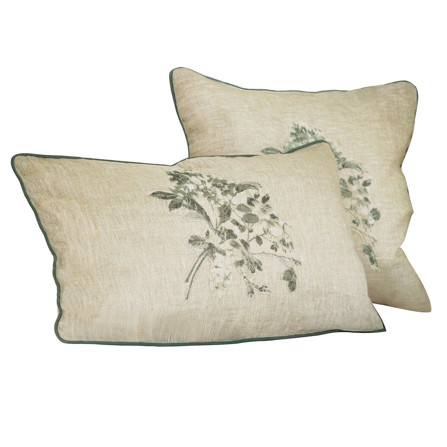 Kussenhoes set van 2 Chantrelle Beige linnen kussen met groene plantenborduursel en groene bies, decoratief voor woonkamer