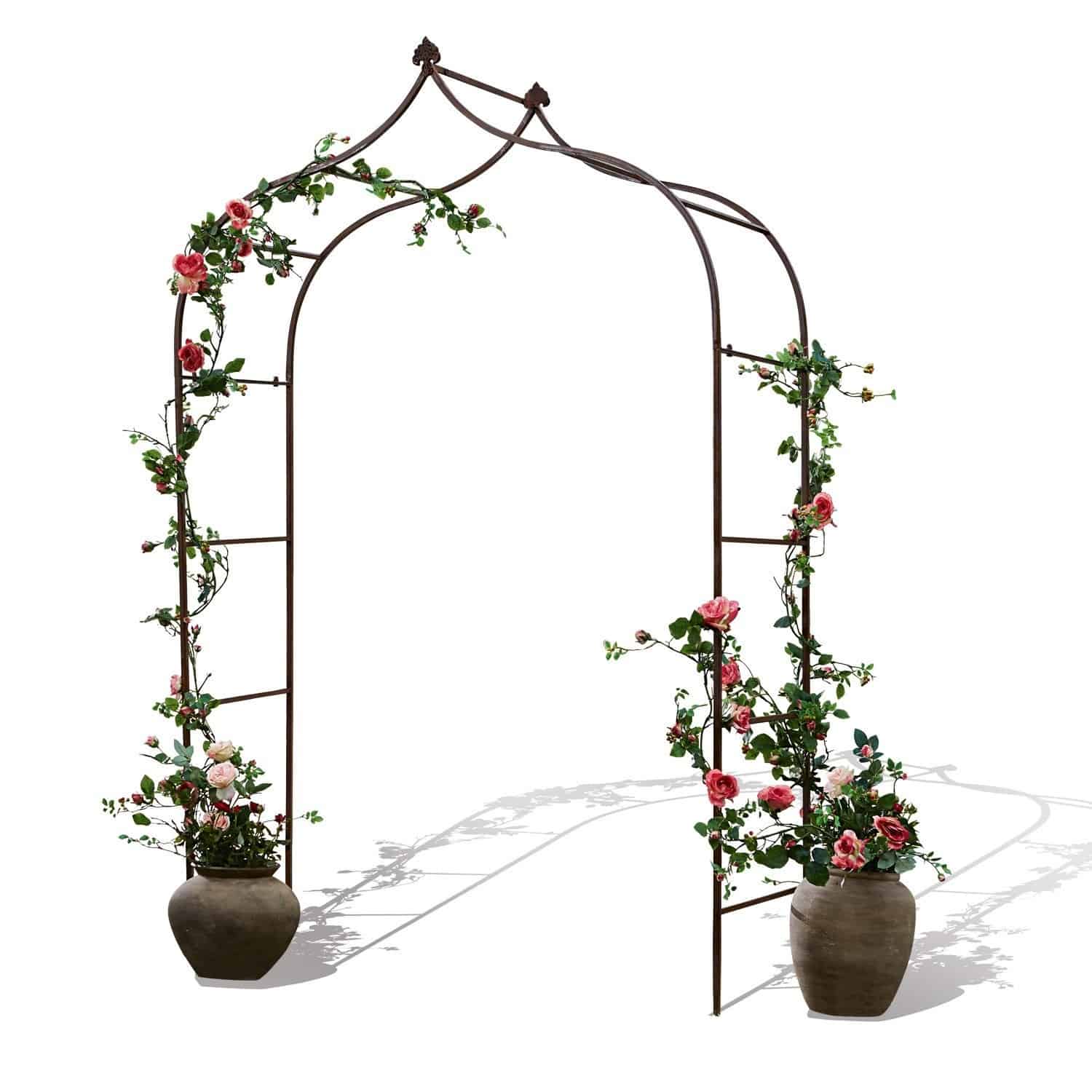 Bruine metalen tuinboog Dimarus met rozen en potten, decoratieve klimplantsteun voor tuin