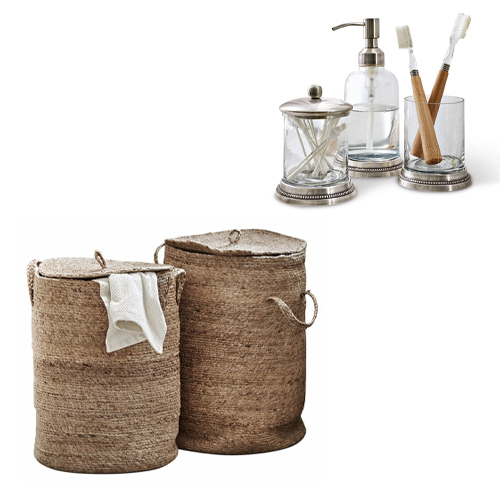 Badkamer set met jute manden en glazen accessoires met metalen details