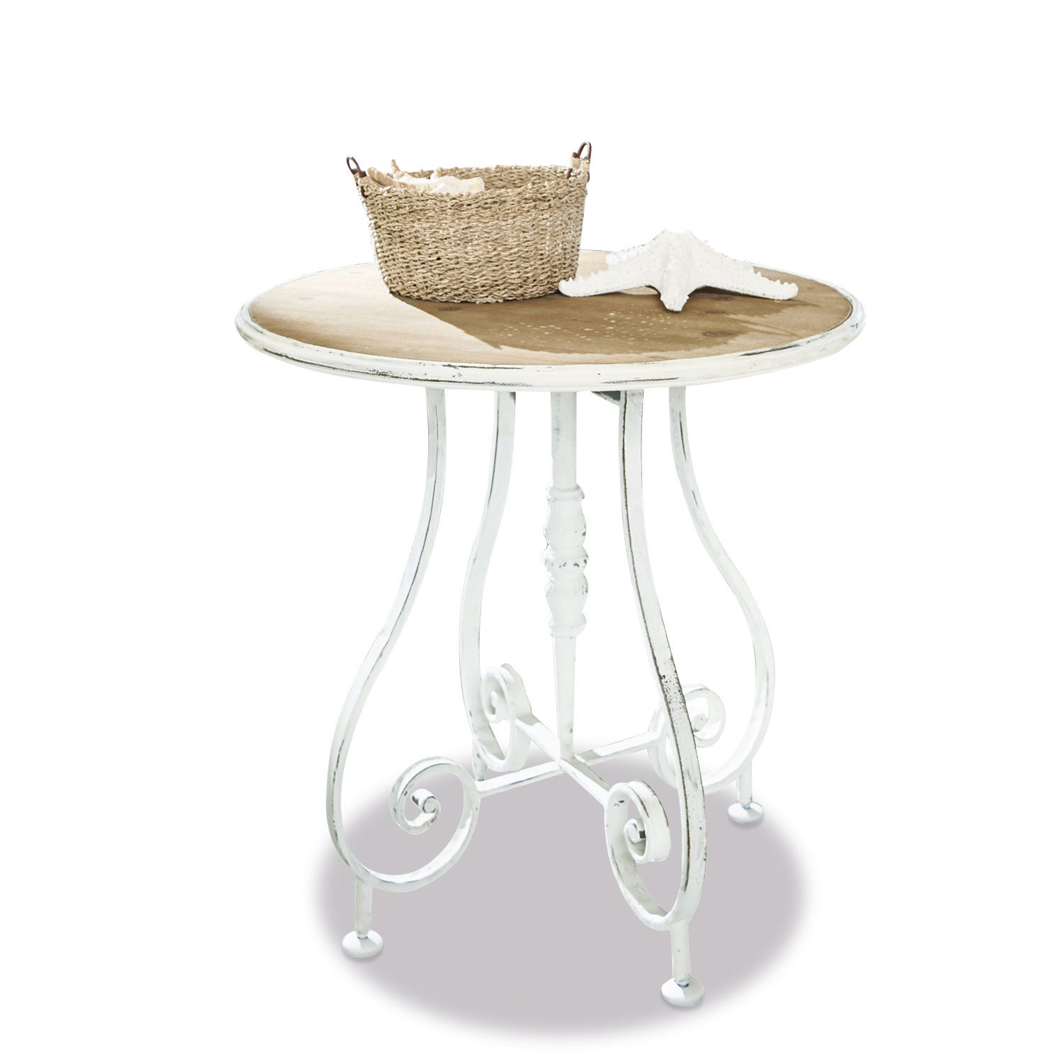 Bijzettafel Pordic Ronde tafel met witte metalen poten en houten blad, gedecoreerd met mand en zeester