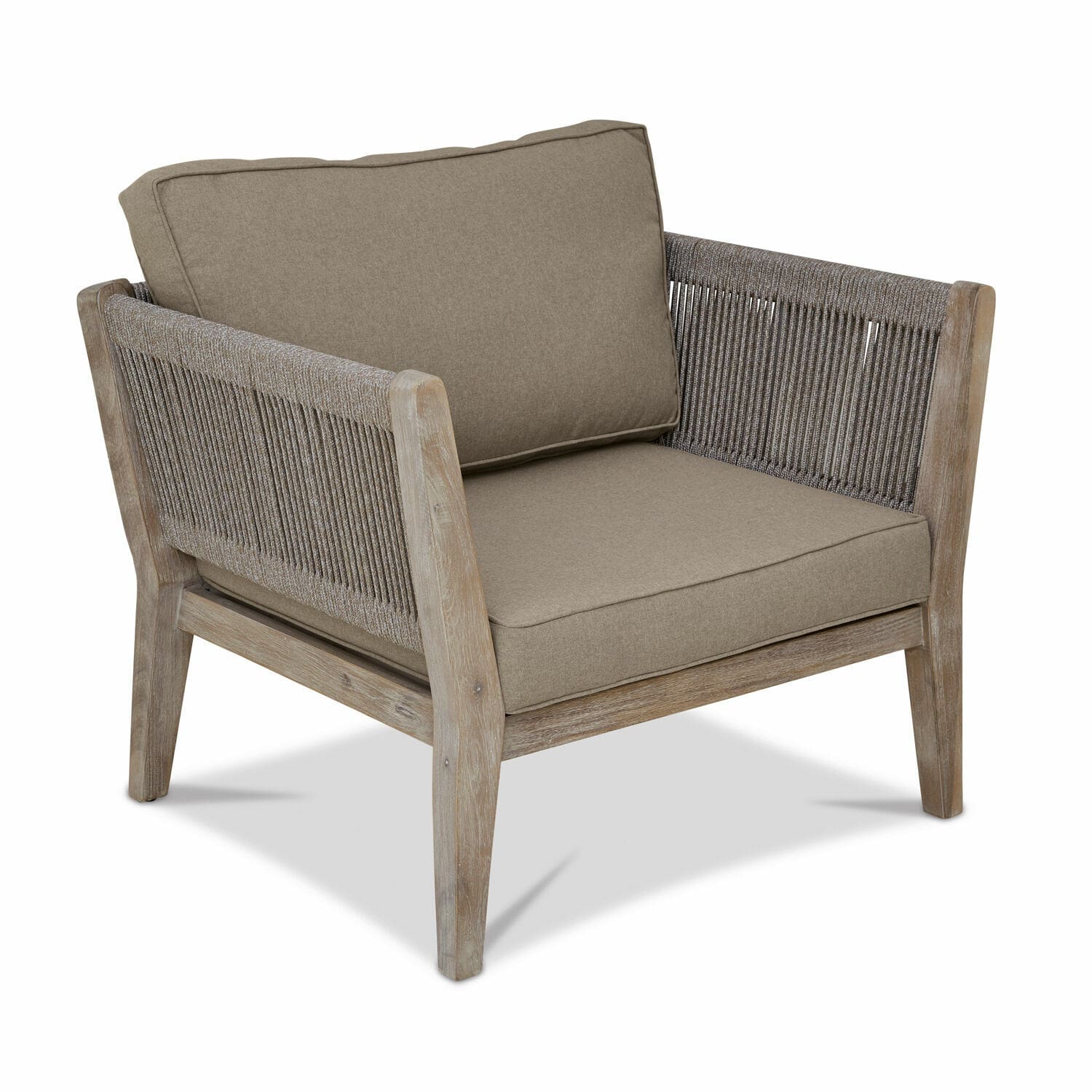 Fauteuil FSC®-100% Biarritz Fauteuil van hout en beige stof met gevlochten zijkanten, comfortabele woonkamermeubel