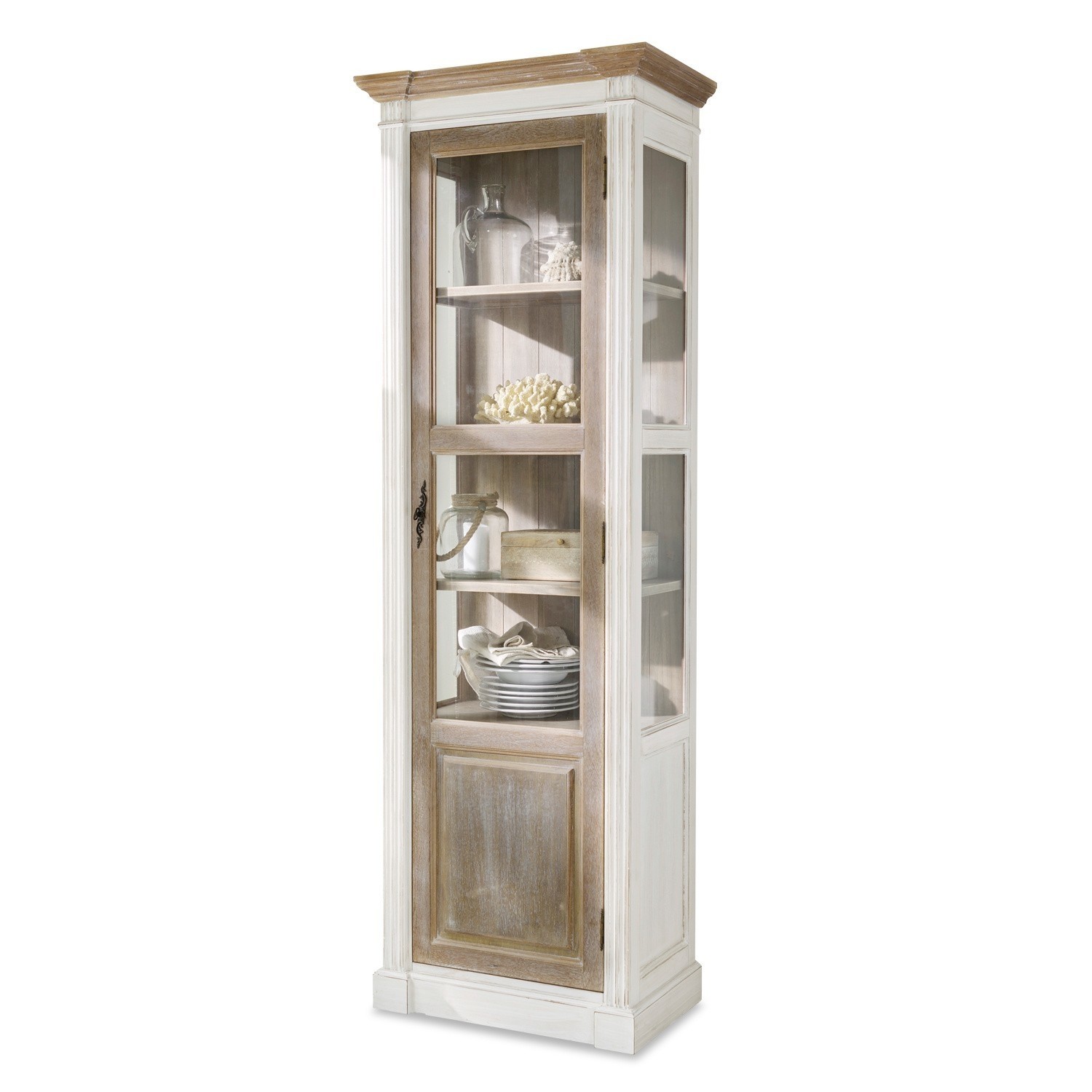 Kast Coverton Vitrinekast van wit en natuurlijk hout met glazen deur voor decoratie en servies