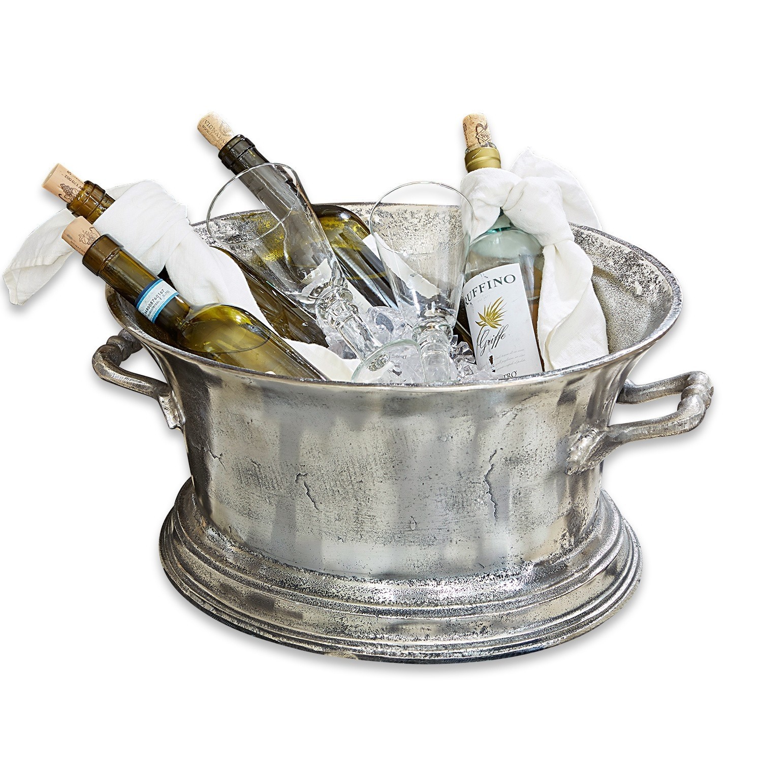 Champagnekoeler Cerisé Zilverkleurige metalen wijnkoeler met handvatten, gevuld met flessen en glazen op ijs