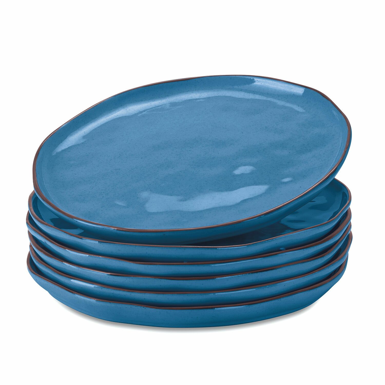 Set van 6 blauwe keramische borden Biarr met bruine rand voor dagelijks gebruik