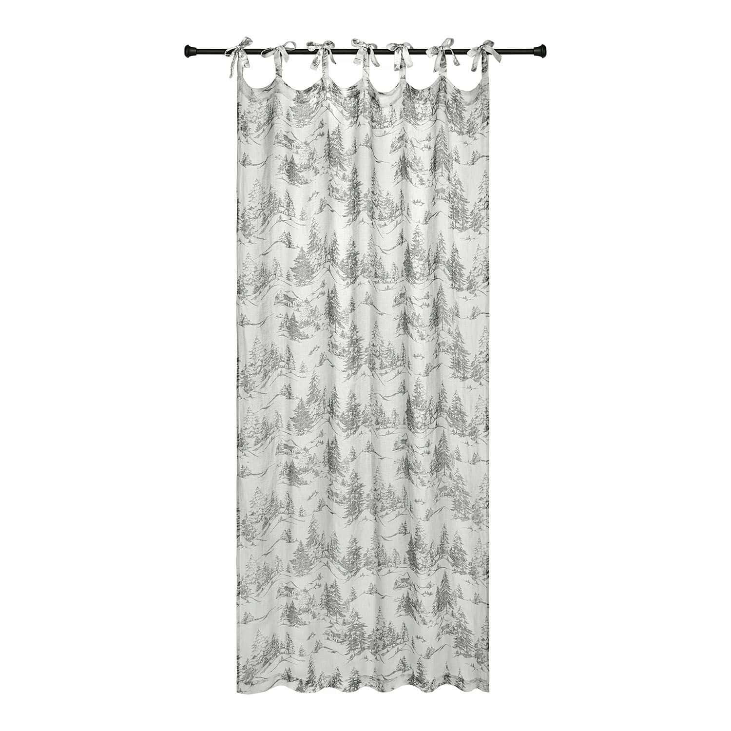 Gordijn Héroux Witte katoenen gordijn met grijze print van bomen en bergen, decoratieve stof voor interieur