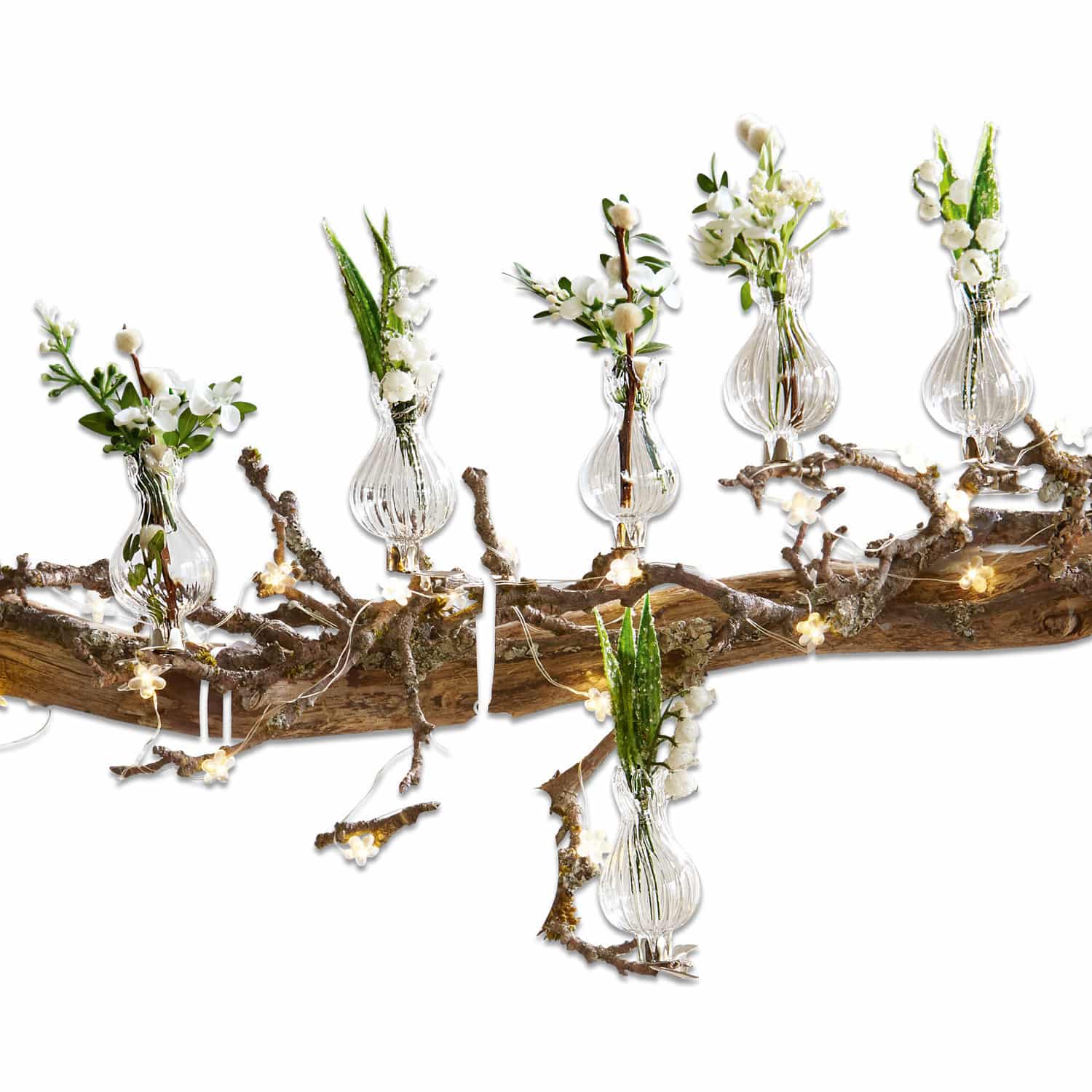Vaasje set van 6 Josephine Glazen vaasjes met witte bloemen op tak met decoratieve LED-verlichting in natuurlijke stijl