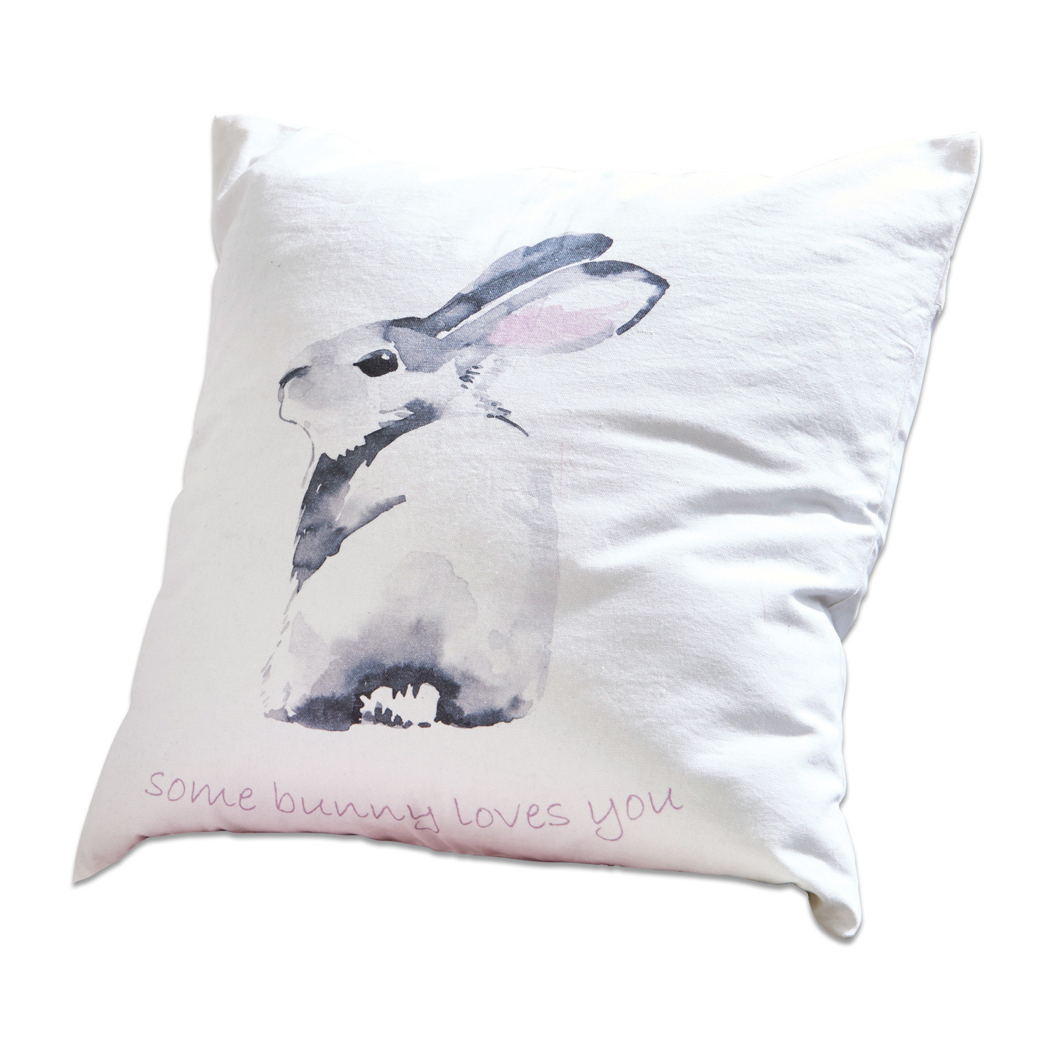 Witte katoenen kussen met grijze konijnprint en tekst some bunny loves you