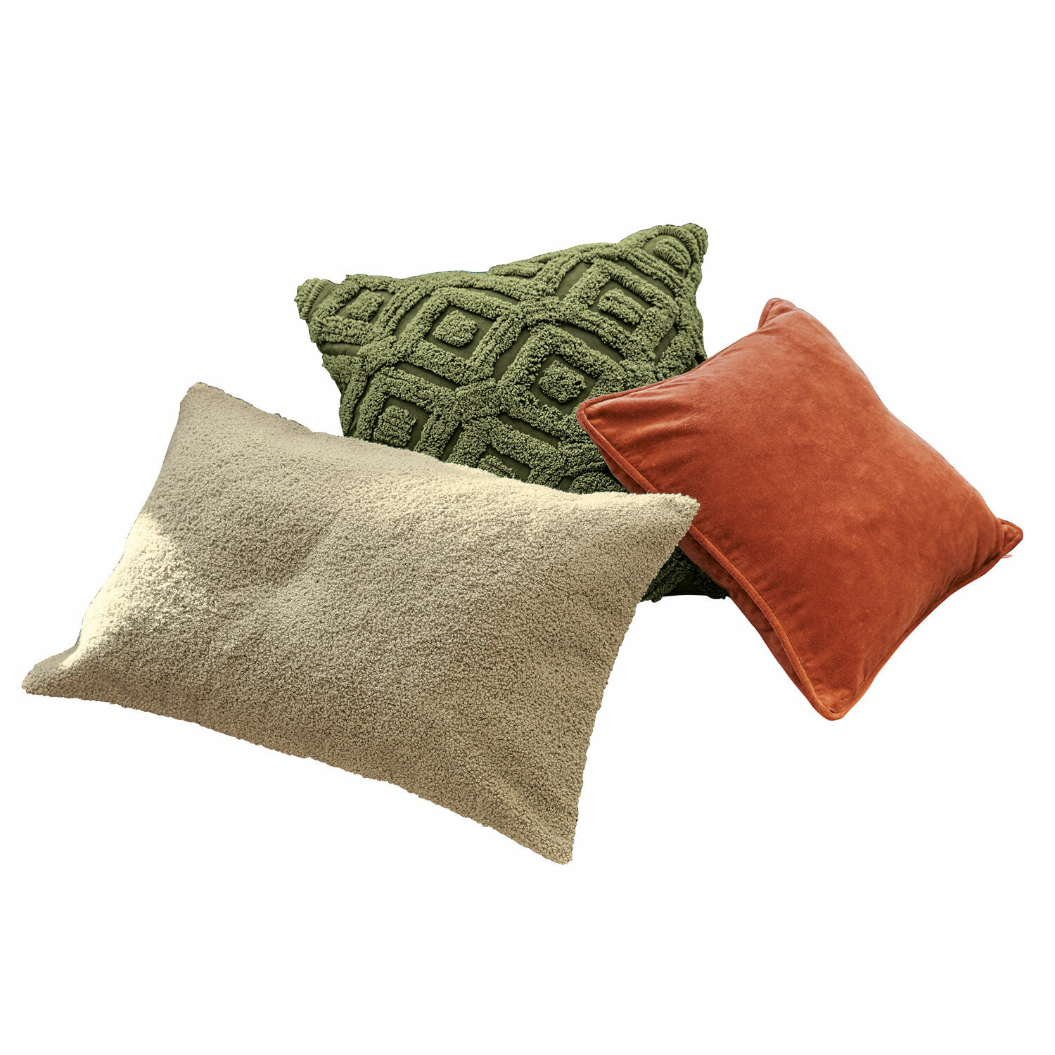 Set van drie decoratieve kussens in groen, beige en baksteenrood voor woonkamer