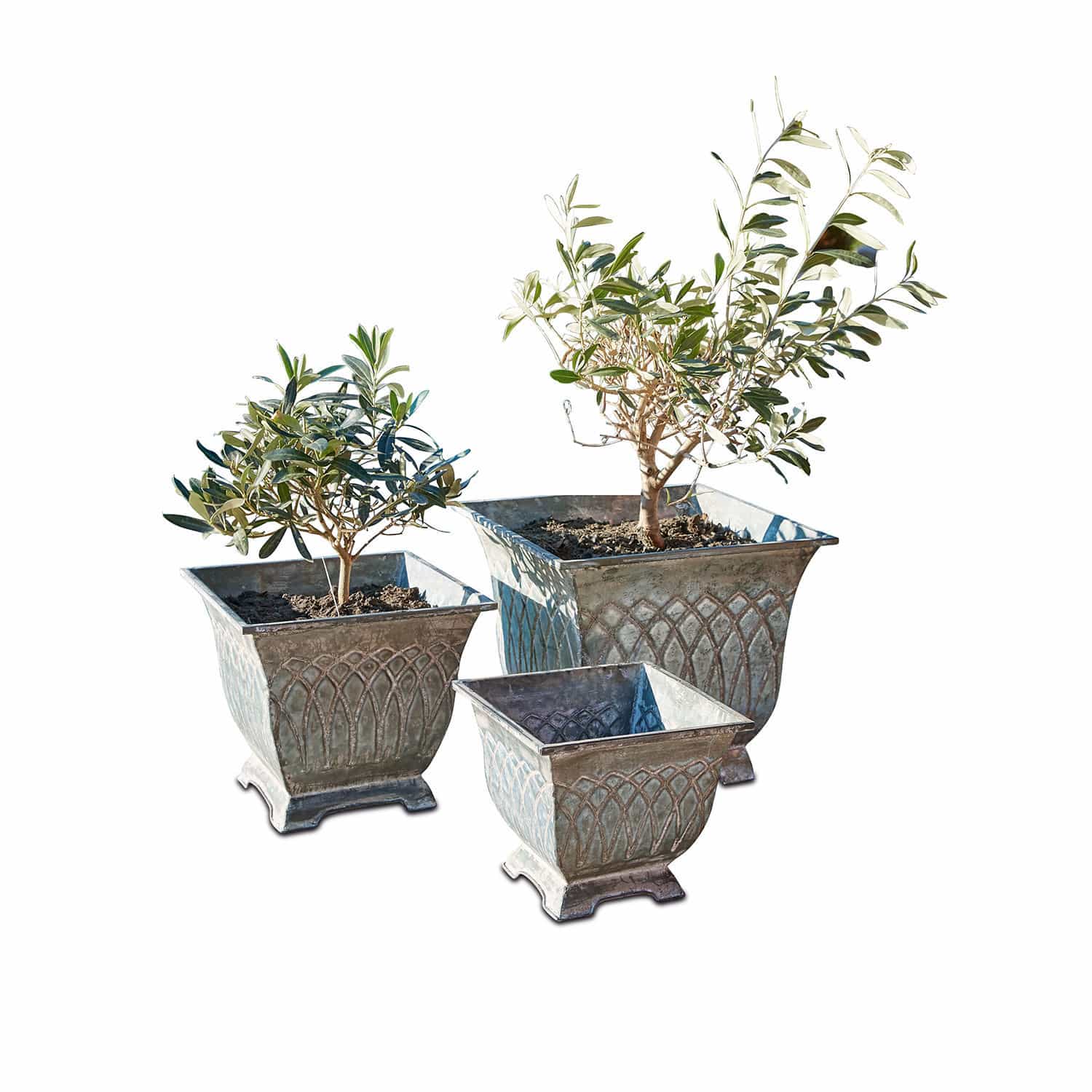 Sierpot set van 3 Klaireau Set van drie metalen vintage bloempotten met planten, decoratie voor tuin en huis