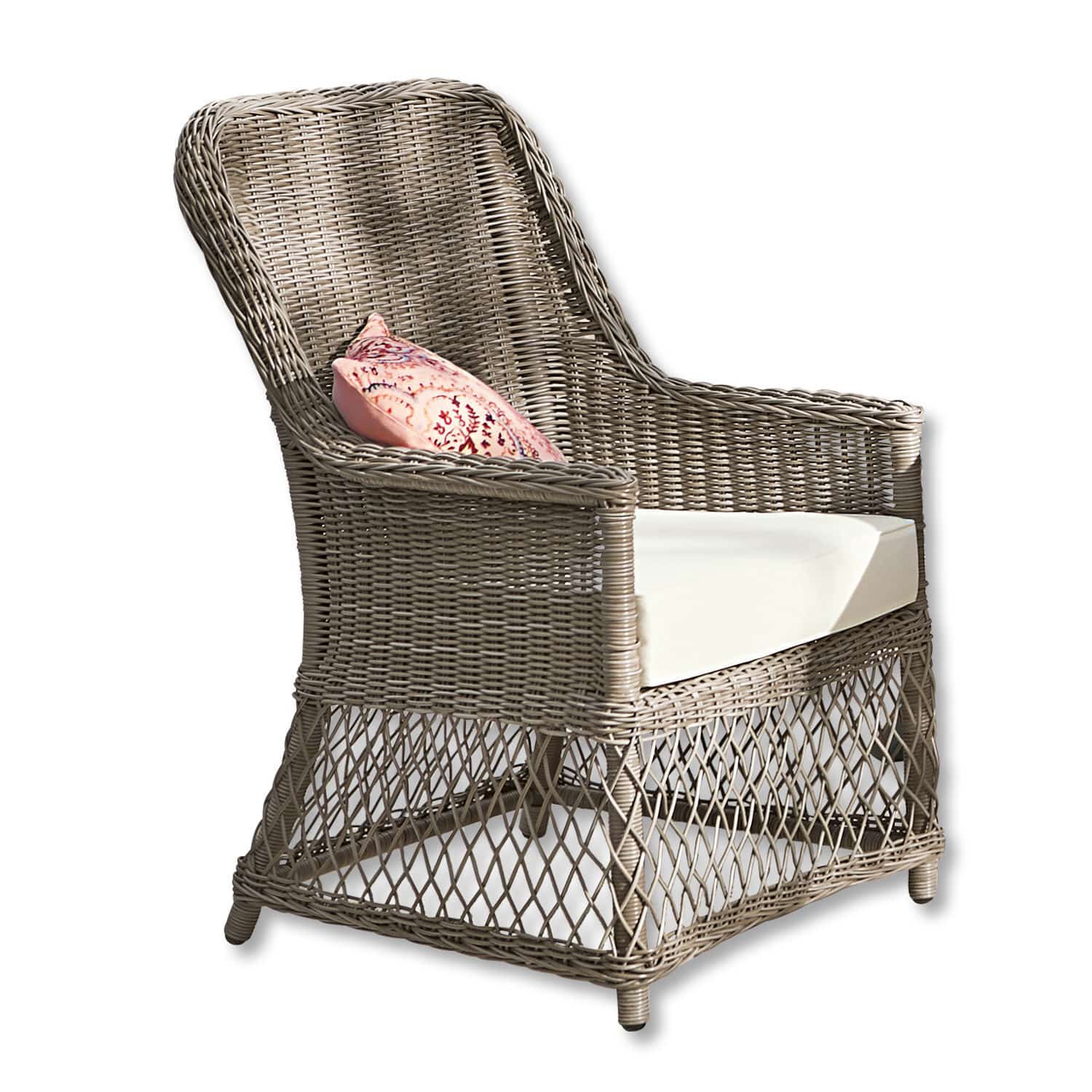 Stoel Fenris Grijze rotan fauteuil met wit kussen en roze sierkussen, comfortabele woonkamerstoel