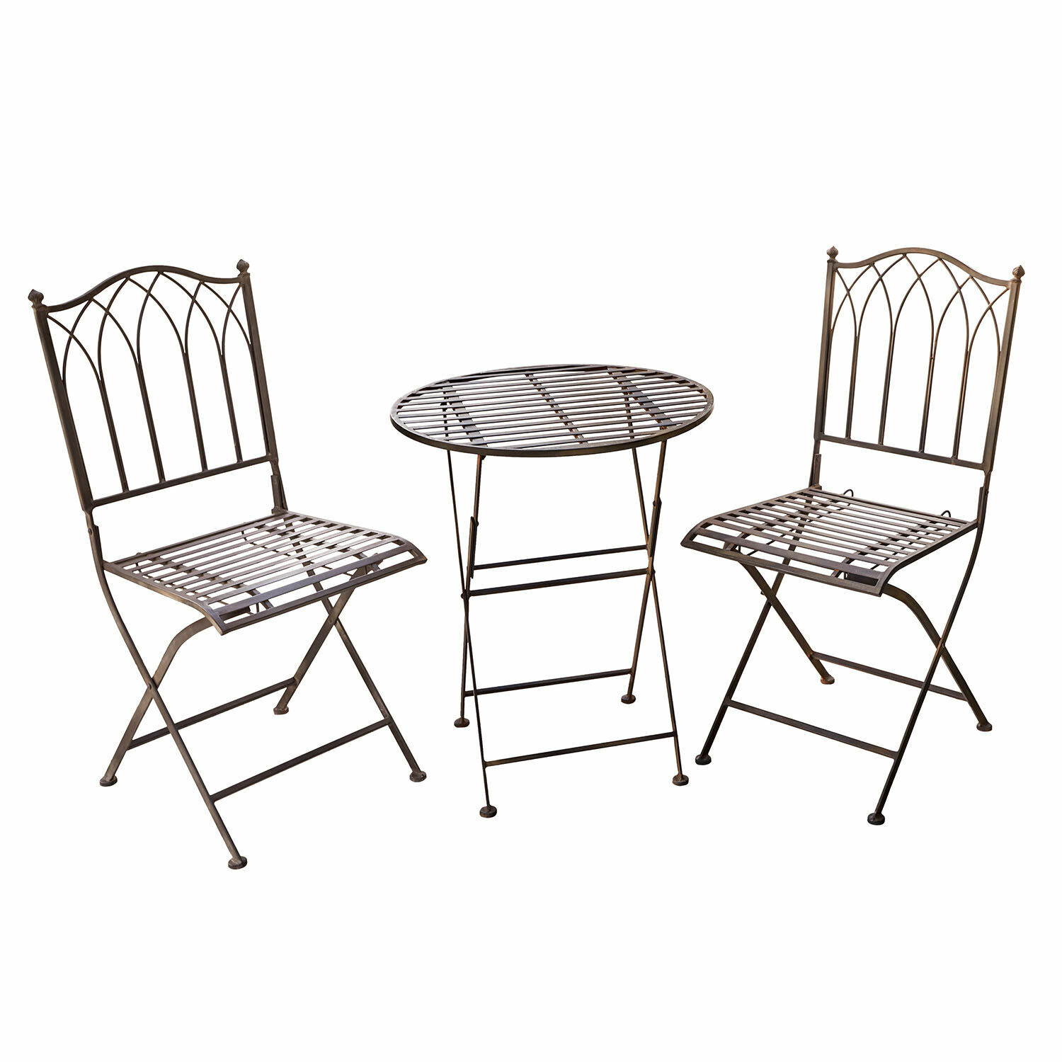 Tuinset Brignoles Bruin metalen tuinmeubelset met inklapbare ronde tafel en twee stoelen