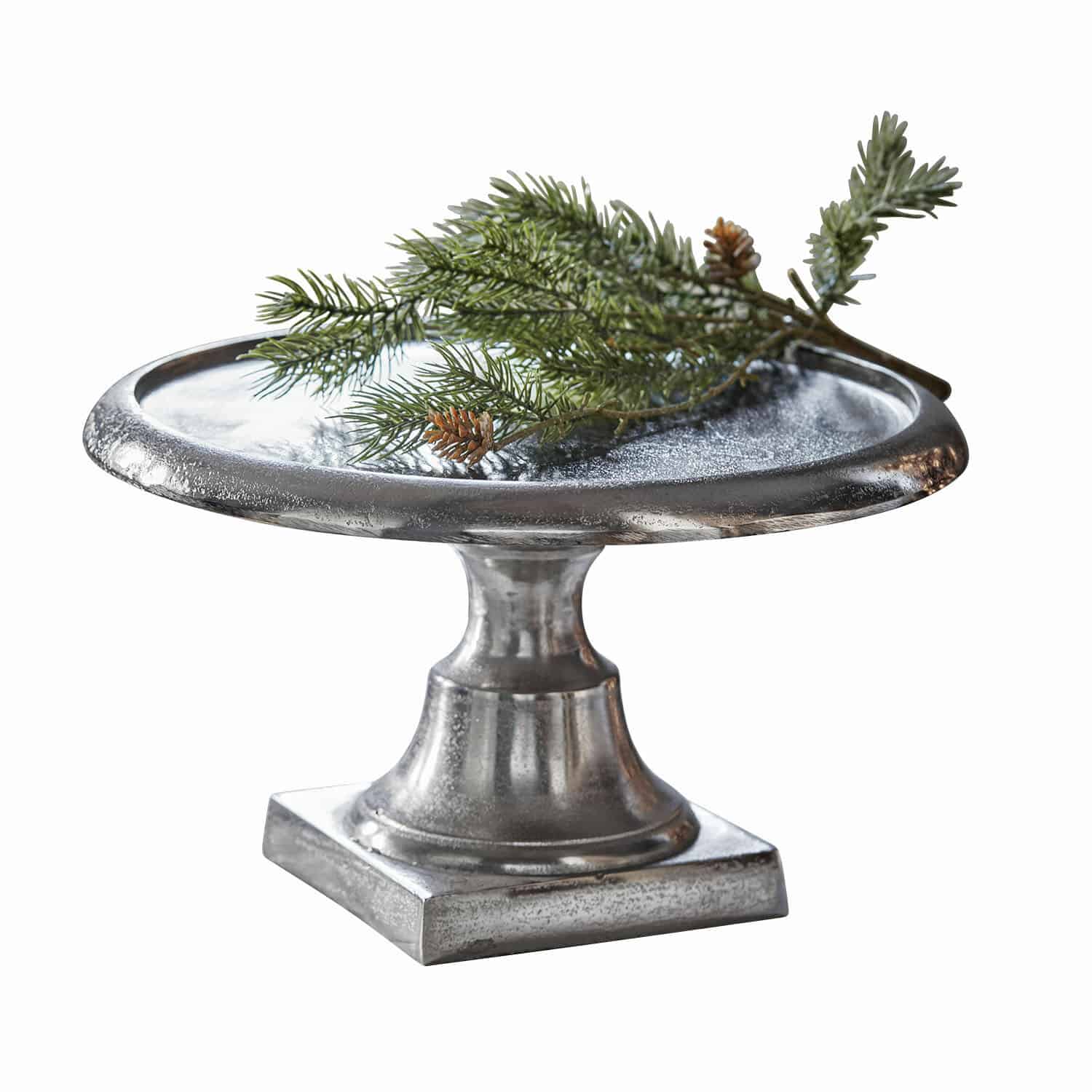 Etagère Maelora Zilverkleurige metalen schaal op voet met dennenappeldecoratie, stijlvolle woonaccessoire