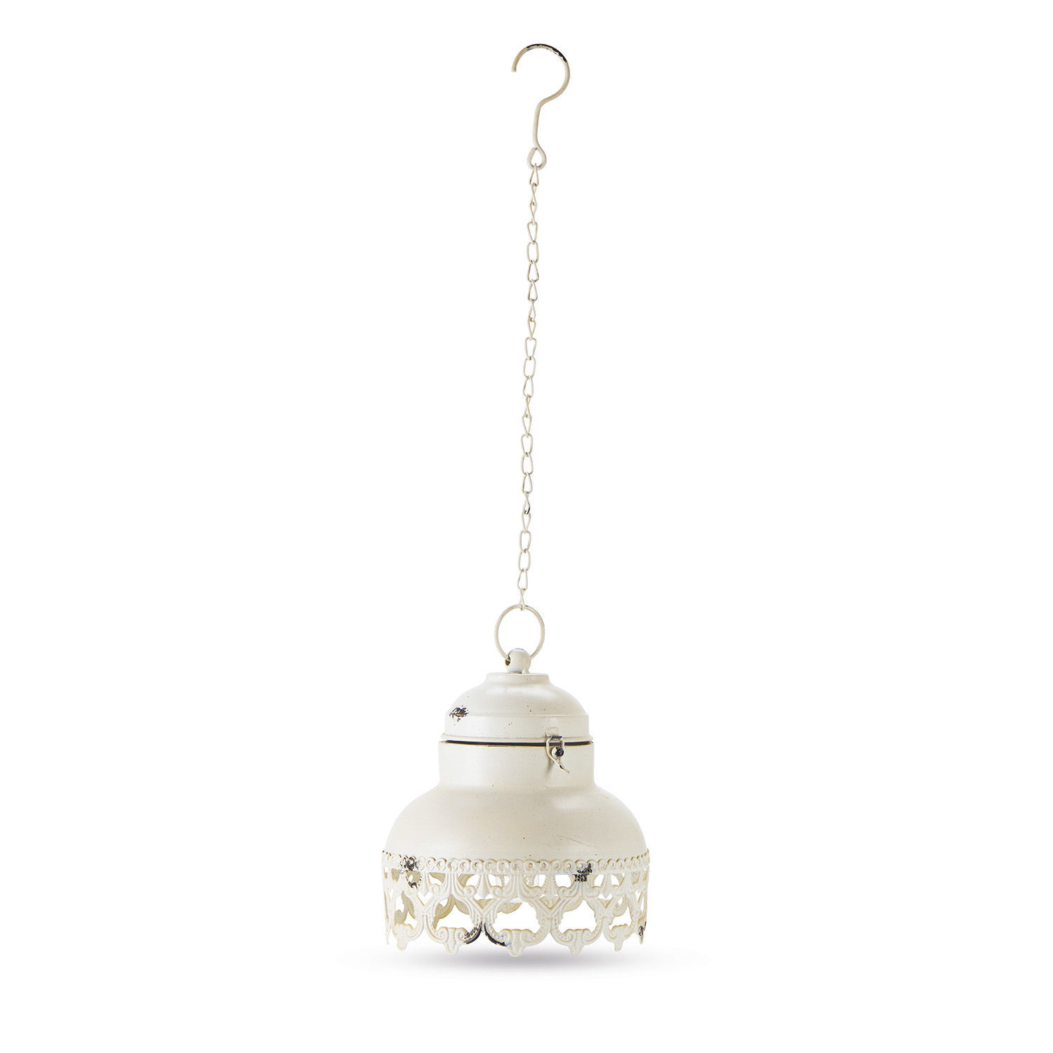 antiekwit Antiekwitte metalen LED-lantaarn Cornell met decoratief opengewerkt patroon en ophangketting