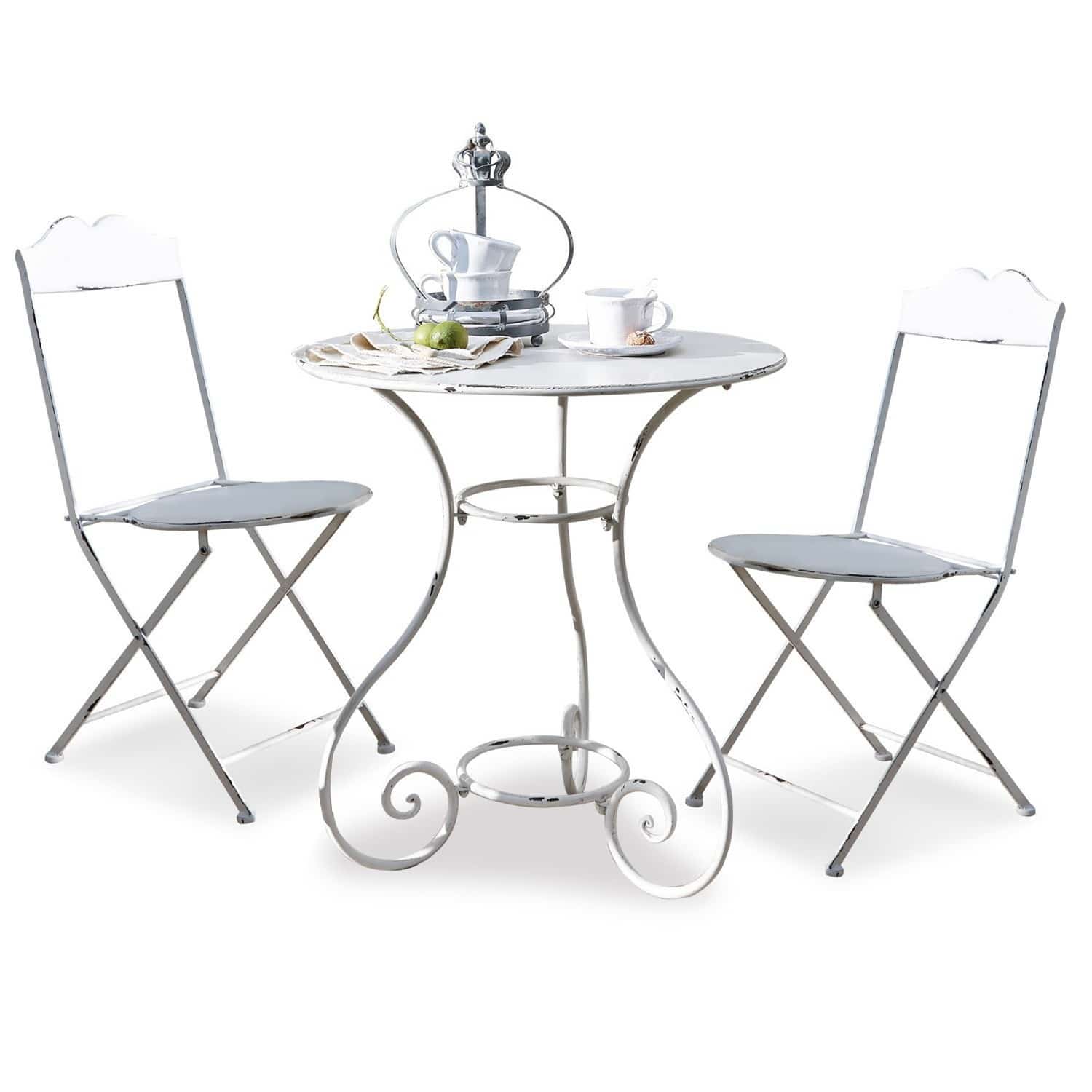 Tuinset Iteuil Witte metalen bistrotafel met twee inklapbare stoelen in vintage stijl voor tuin of balkon