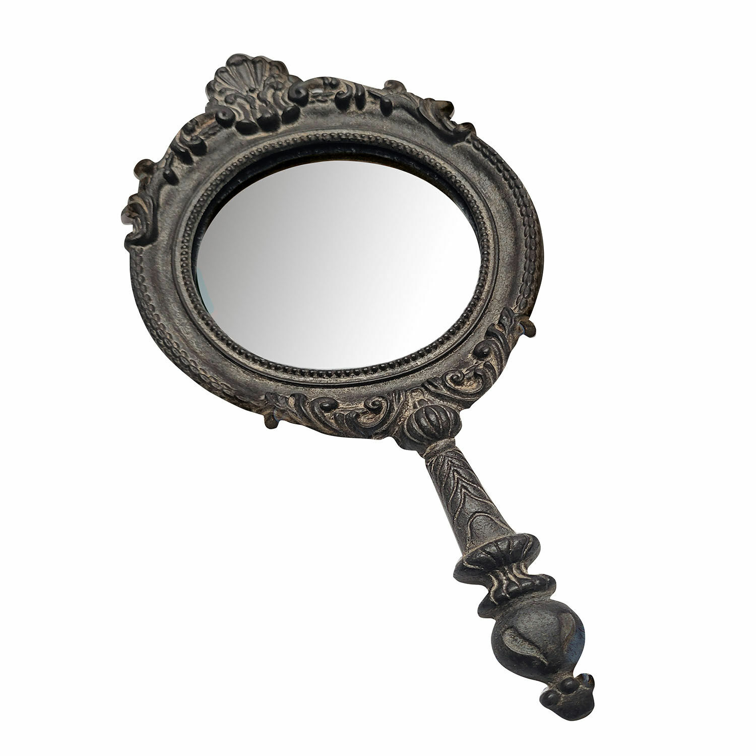 Antieke handspiegel in antiekgrijs met versierde metalen lijst voor decoratie en make-up