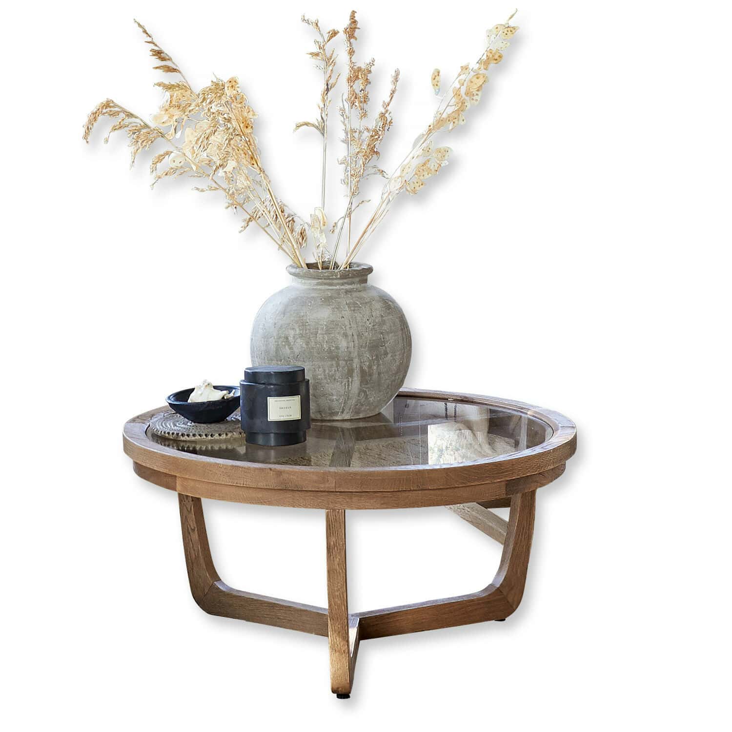 Salontafel Gradn Enclos Ronde salontafel van hout en glas met decoratieve vaas en gedroogde bloemen in natuurlijke kleuren