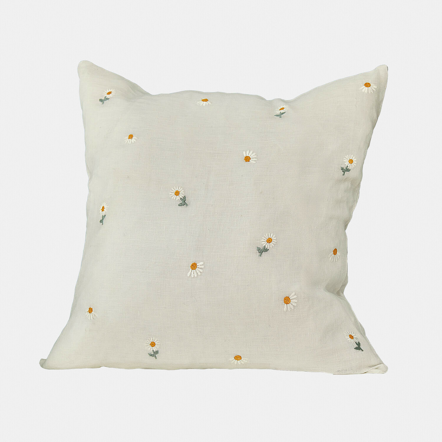 Beige linnen kussen met geborduurde witte en gele madeliefjes, decoratief woonkussen