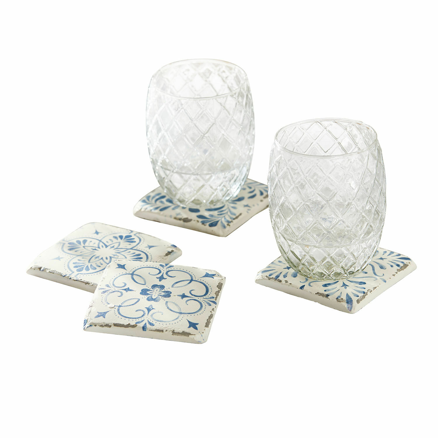 Onderzetter set van 4 Évry Set keramische onderzetters in wit en blauw met decoratief patroon, ideaal voor thuis