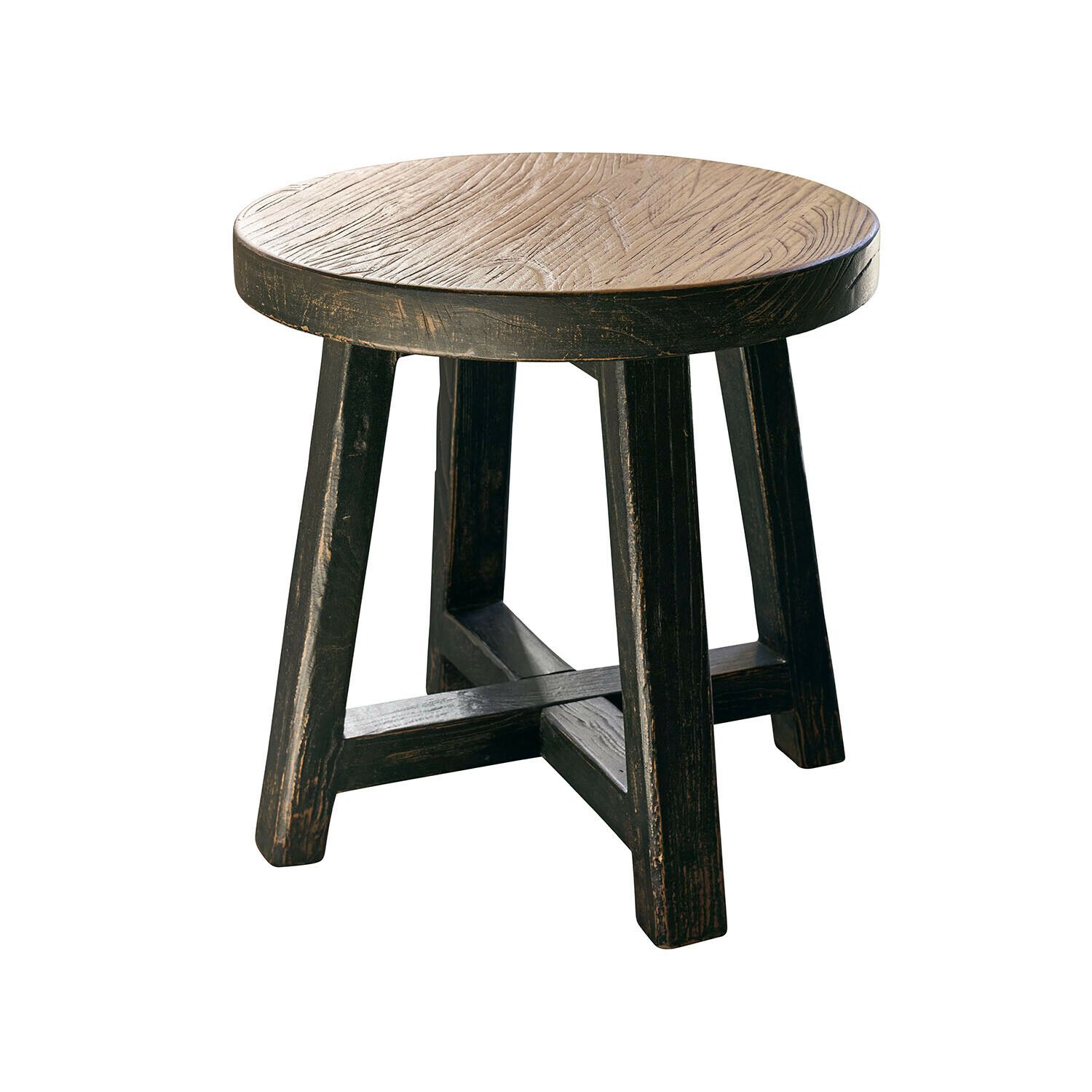 Ronde bijzettafel Gorivel van zwart en bruin hout, rustiek meubel voor woonkamer