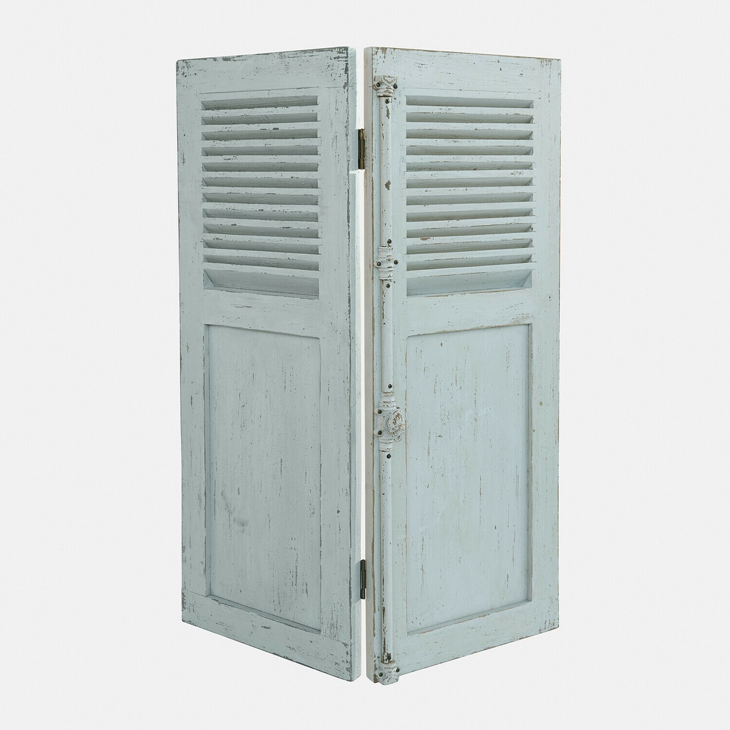 Twee panelen houten vintage kamerscherm lichtblauw met verweerd effect en lamellen