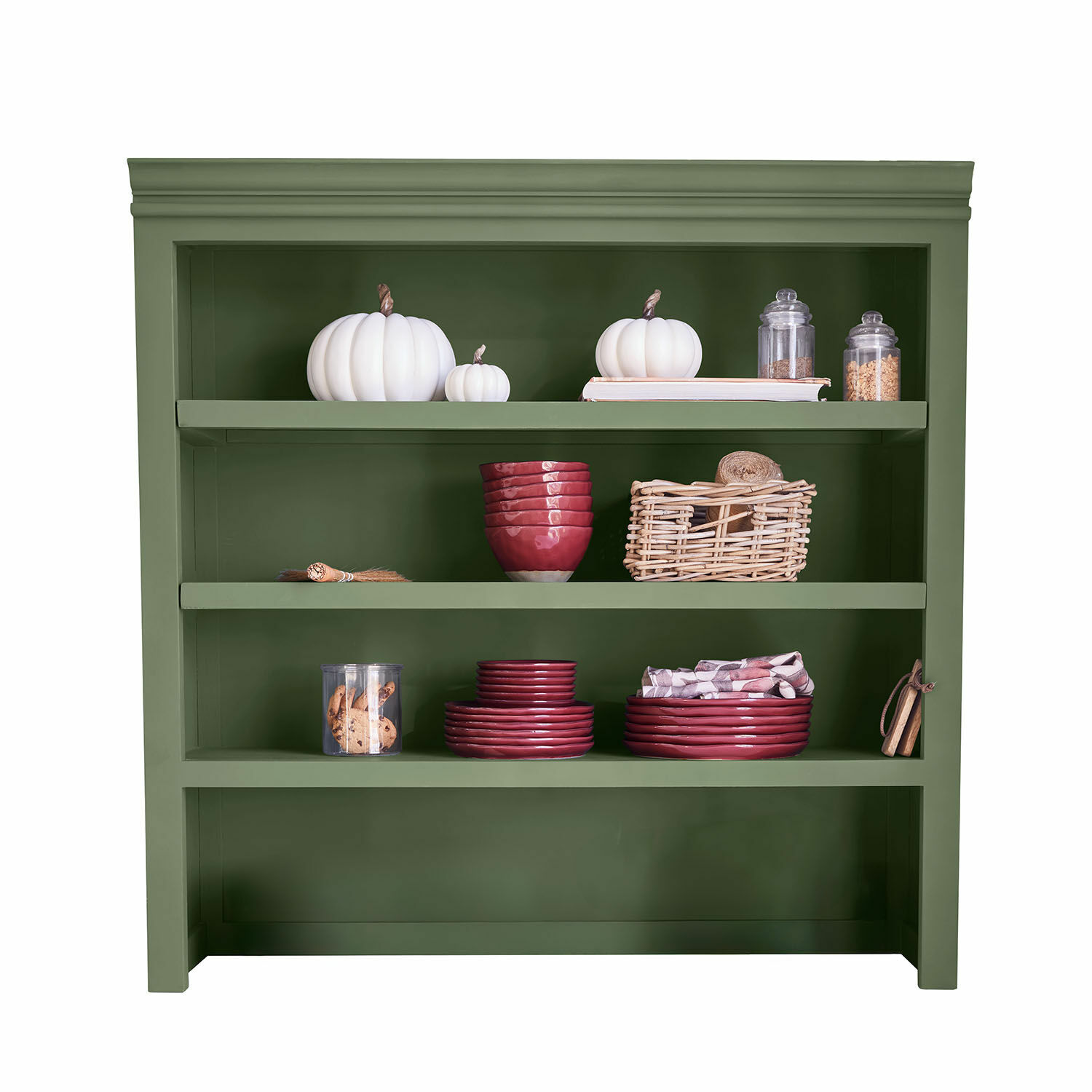 Keukenwandkast Lansbury Groene houten plank met witte decoratieve pompoenen en rood keramisch servies