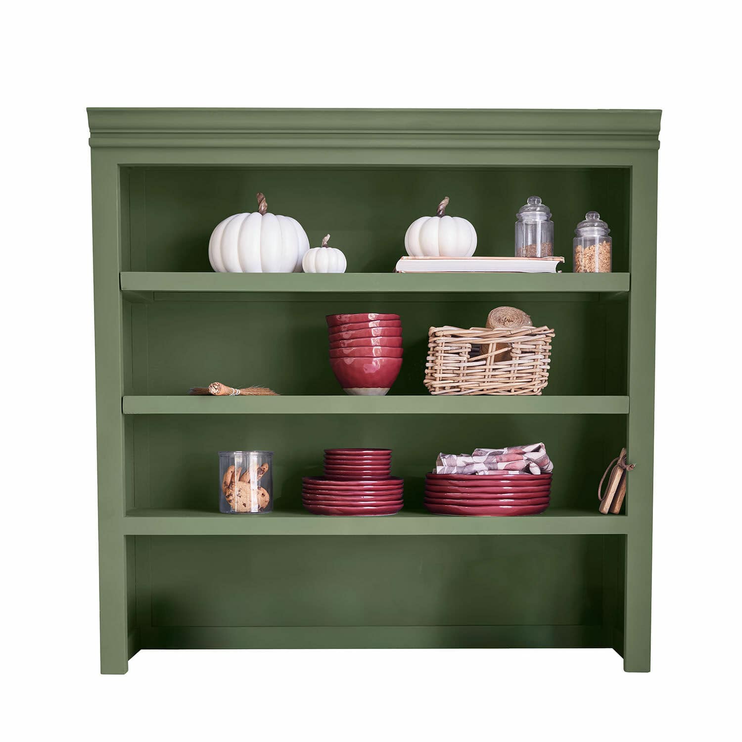 Keukenwandkast Lansbury Groene houten plank met witte decoratieve pompoenen en rood keramisch servies