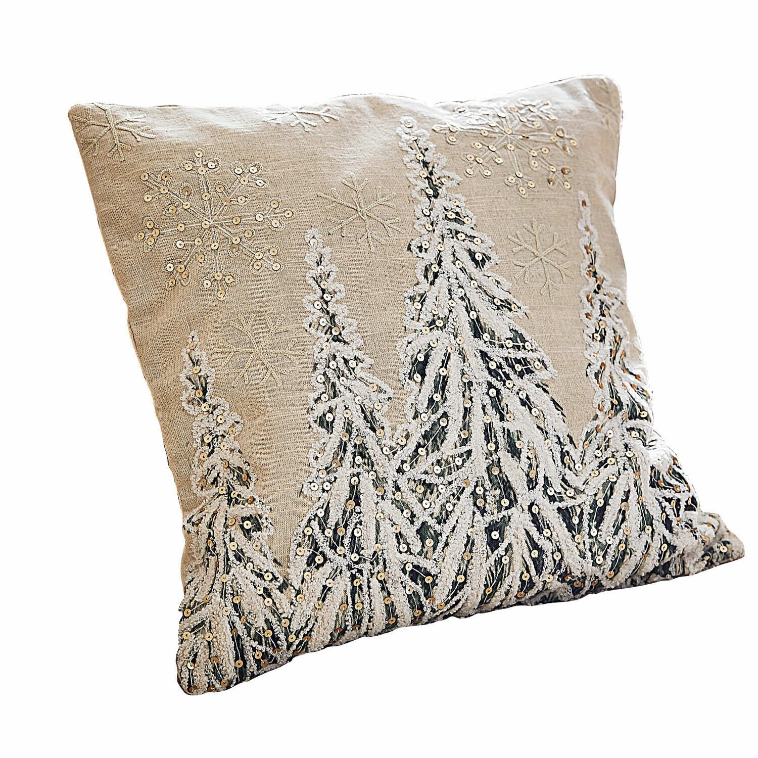 Kussenhoes Cartagne Beige linnen kussen met geborduurde sneeuwvlokken en kerstbomen van pailletten, winterdecoratie