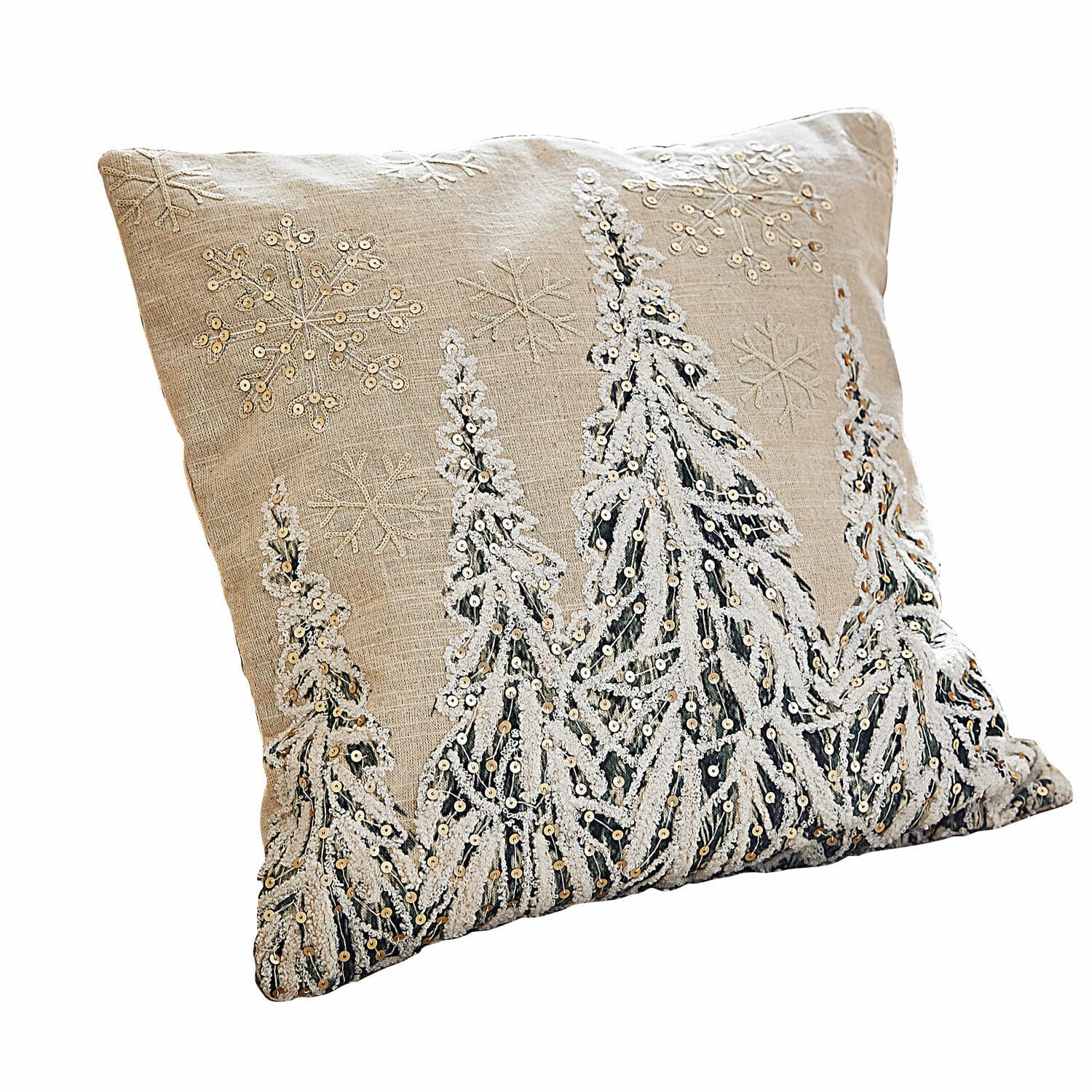 Kussenhoes Cartagne Beige linnen kussen met geborduurde sneeuwvlokken en kerstbomen van pailletten, winterdecoratie