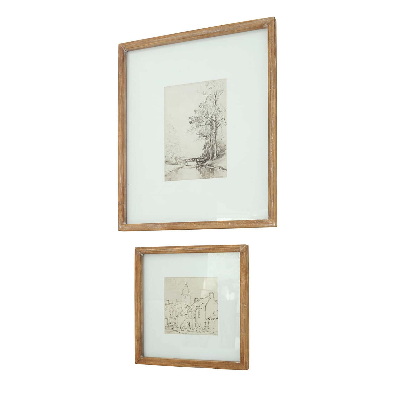 Afbeelding set van 2 Juvarel Twee houten lijsten met witte passe-partout en vintage landschapschetsen voor wanddecoratie