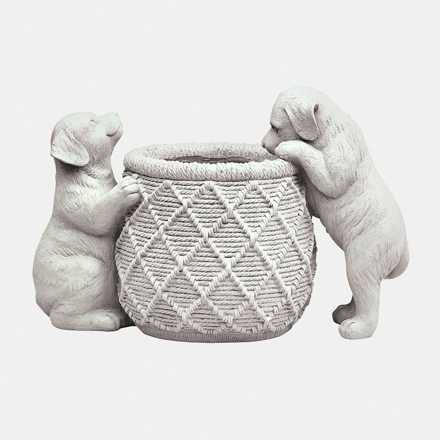 Sierpot Marnja Decoratieve bloempot van wit hars met twee puppyfiguren die een mand met gevlochten patroon vasthouden