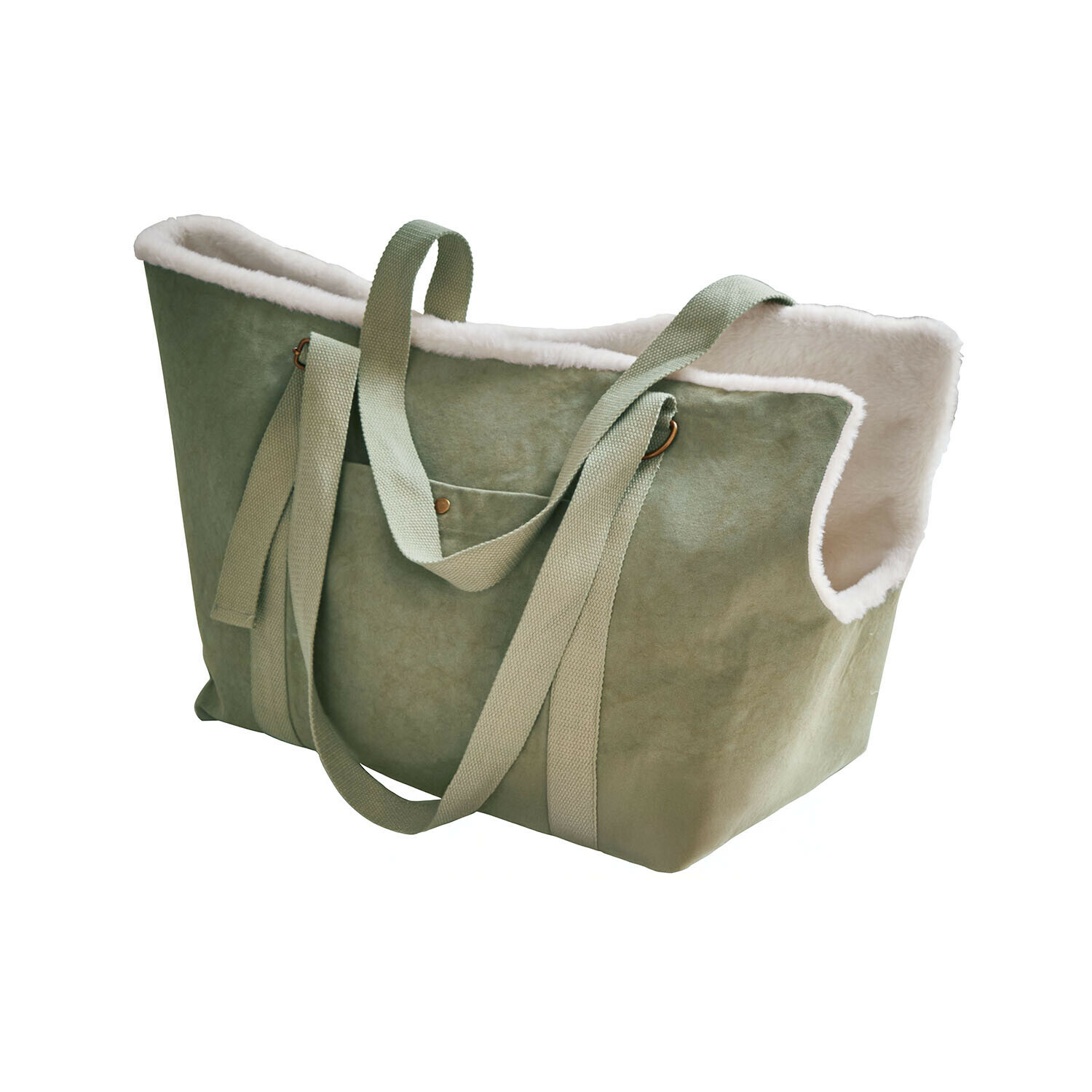 Groene tas van zacht materiaal met witte bontvoering en lange schouderbanden