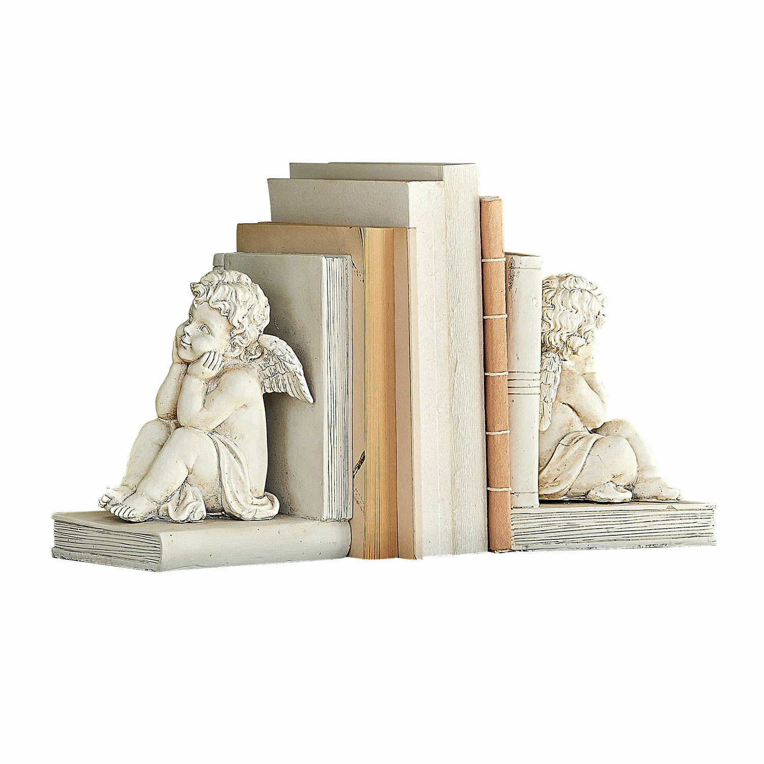 Boekensteun set van 2 Yrene Witte stenen boekensteunen met engelen, decoratief en praktisch voor het organiseren van boeken