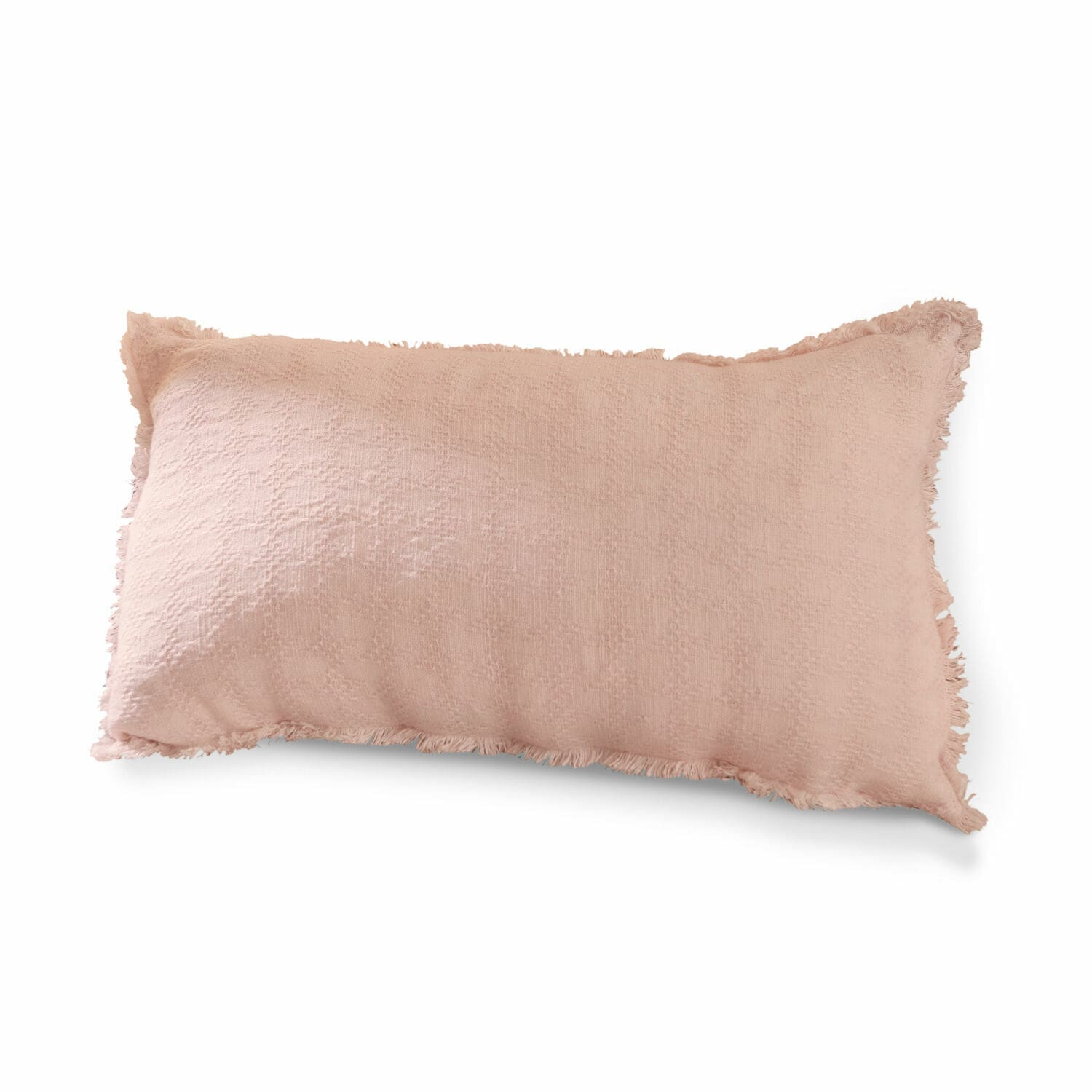 Rechthoekig roze sierkussen van zacht materiaal met franjes aan de randen