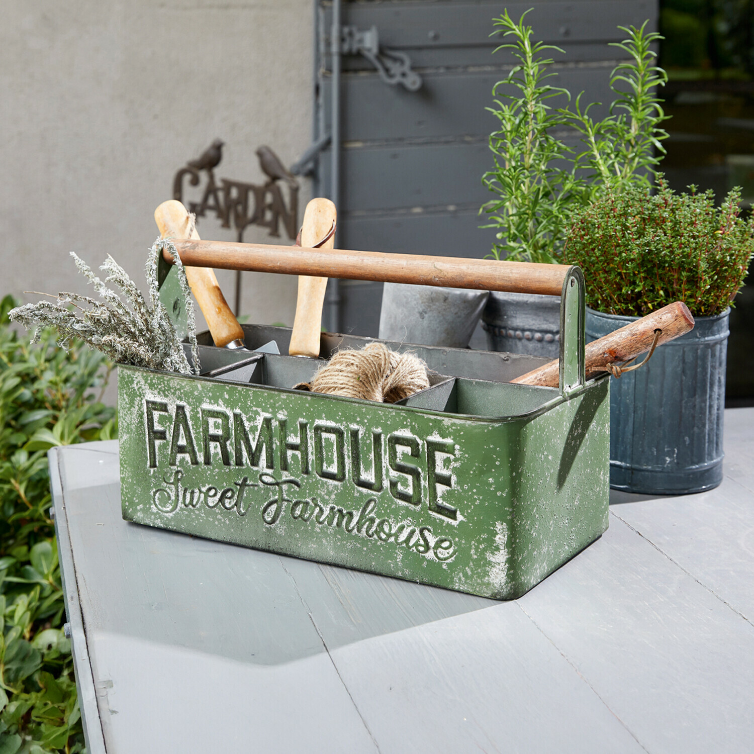 Blikken mand Farmhouse Groene metalen tuingereedschapskist met houten handvat en Farmhouse-opdruk