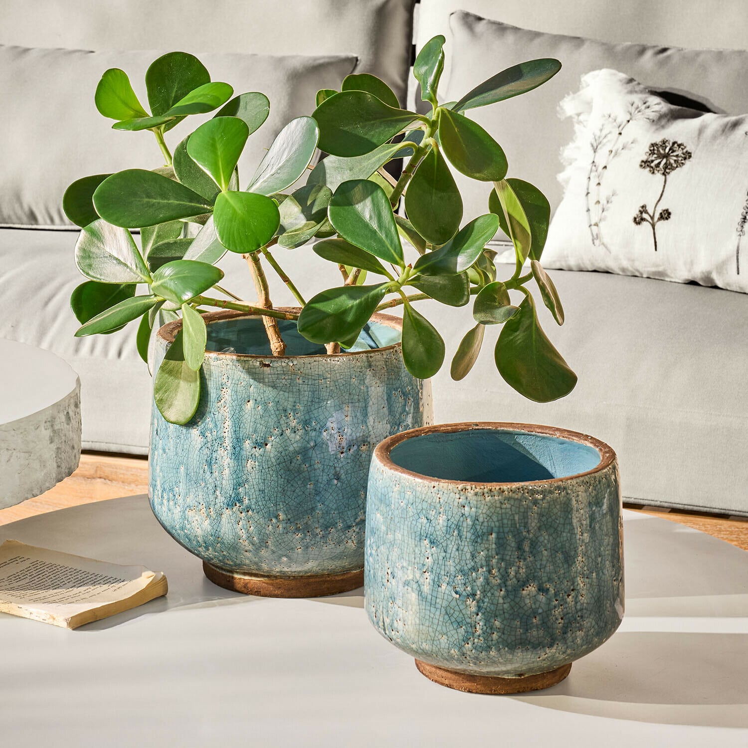 Sierpot set van 2 Mavoreta Twee blauwe keramische potten met craquelé, één met groene plant, op witte tafel in woonkamer
