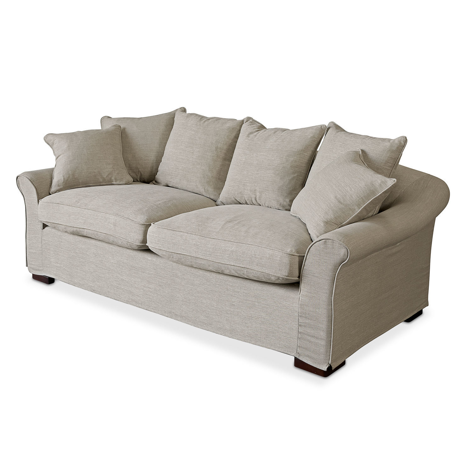Bank Long Beach Beige gestoffeerde bank met zachte kussens en houten poten, comfortabele woonkamermeubel