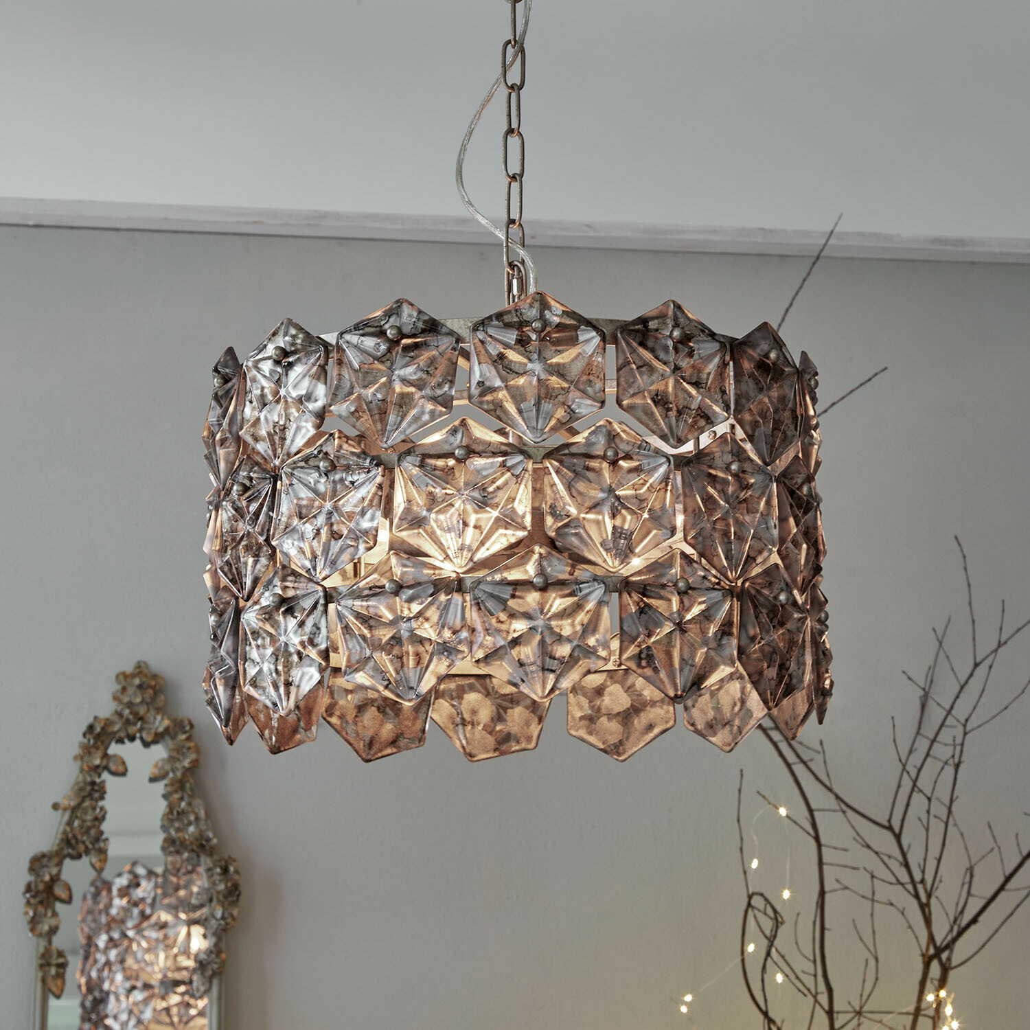 Hanglamp van transparant glas met geometrisch patroon, decoratieve plafondlamp voor woonkamer