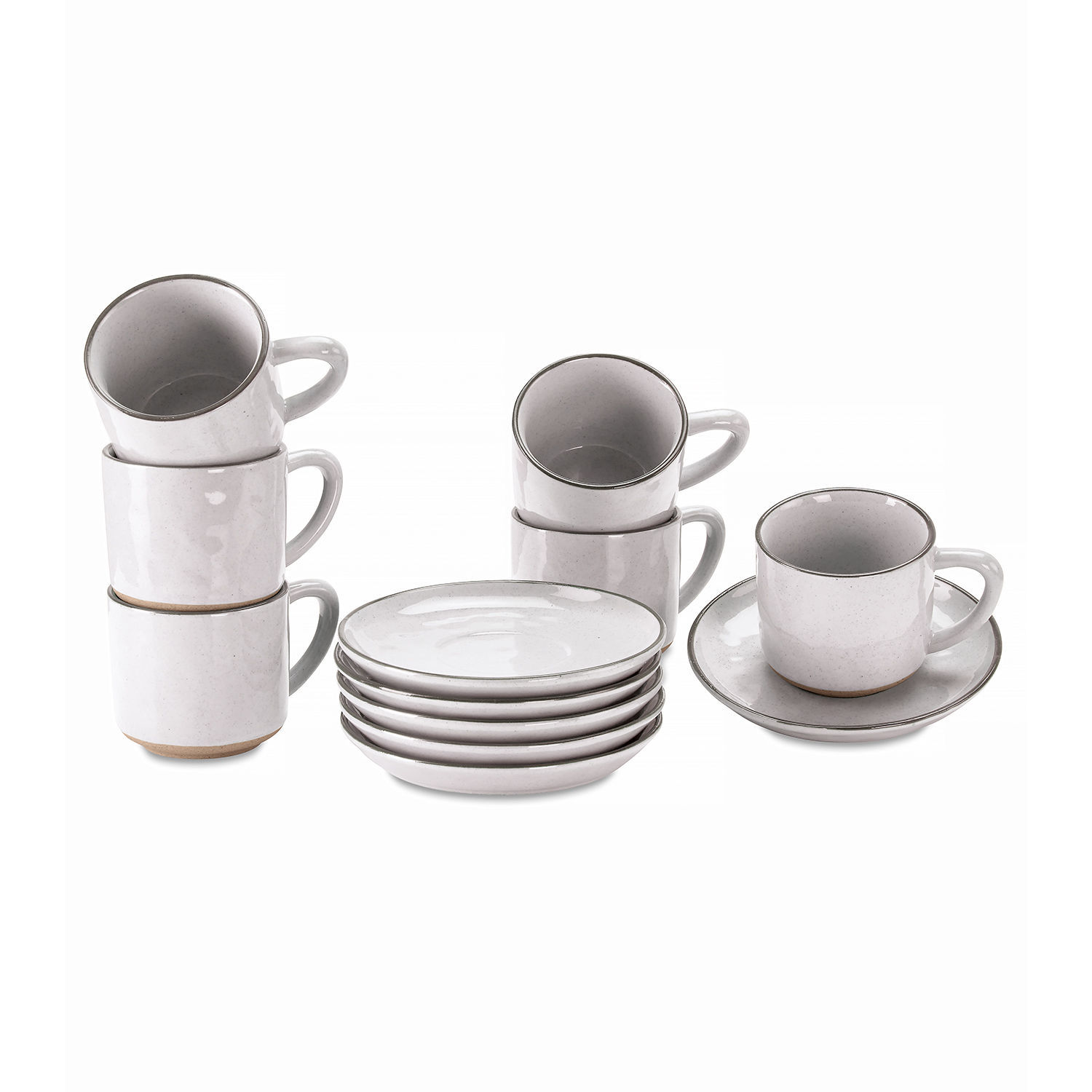 Kopje en schoteltje set van 6 Biarré Set witte keramische kopjes en schotels met fijne grijze rand voor koffie en thee