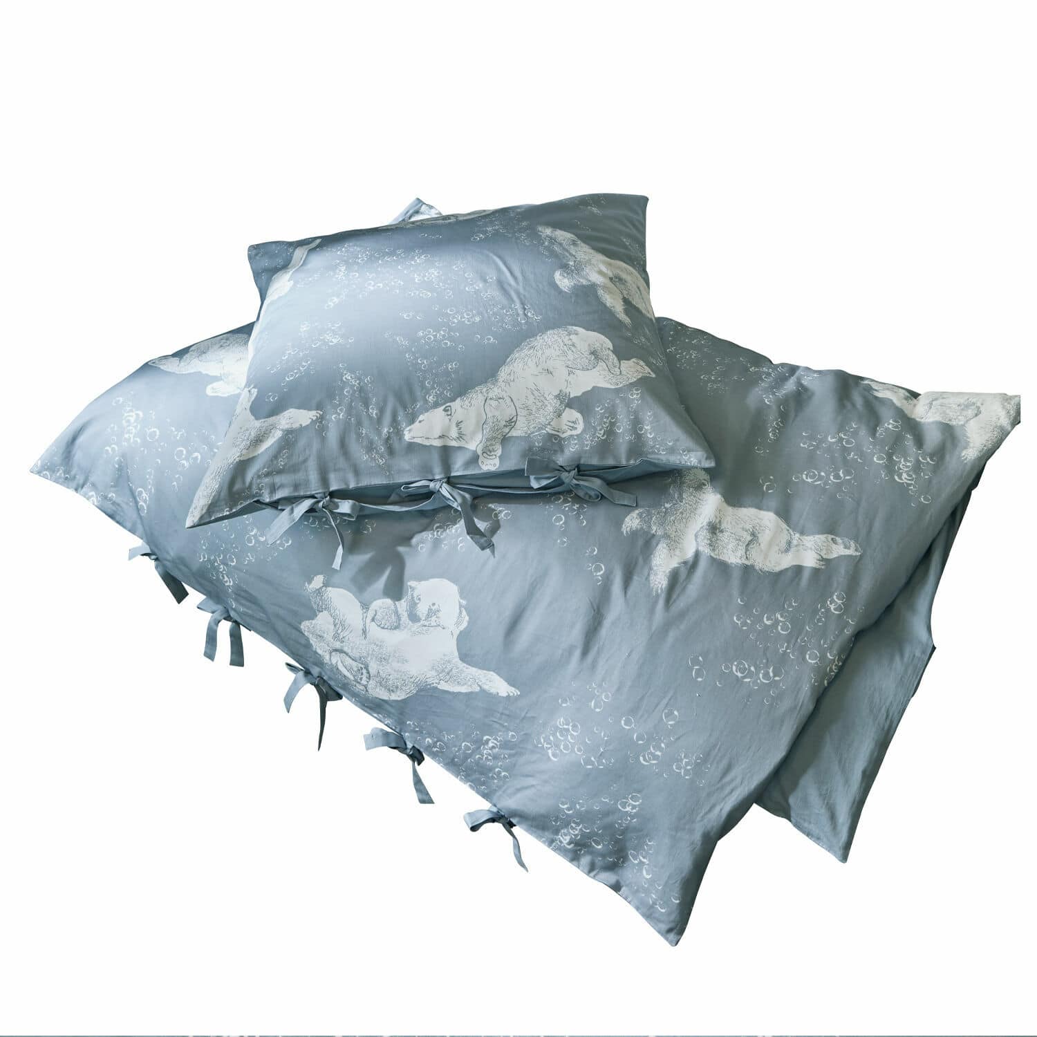 Blauw katoenen beddengoed met witte ijsbeerprint en strikjes, decoratief en comfortabel