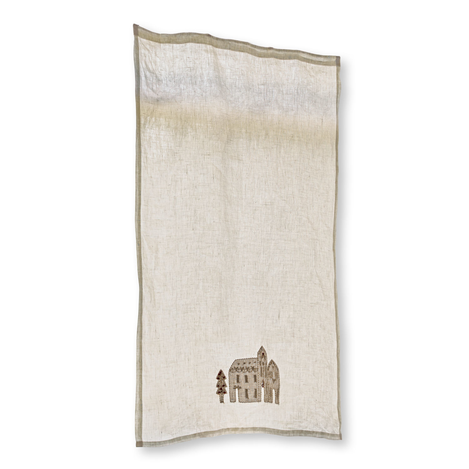 Vitrage Marikina Beige linnen tafelkleed met fijne borduurwerk van huis en boom, rustieke tafeldecoratie