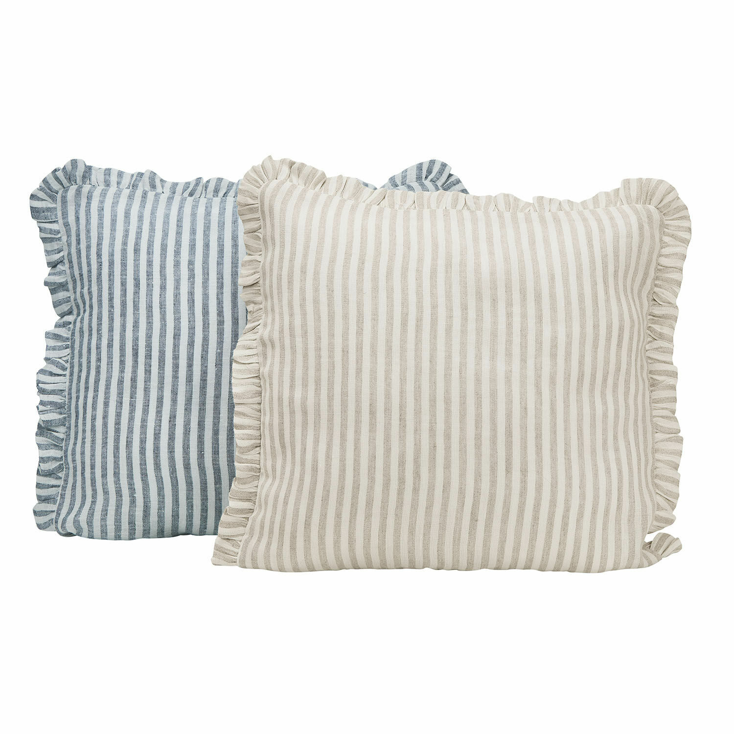 Kussenhoes set van 2 Brenda Set van twee gestreepte linnen kussens met ruches in beige en blauw voor stijlvolle woondecoratie