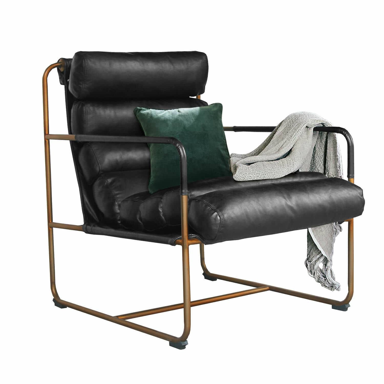 Fauteuil Jelvano Zwarte leren fauteuil met zachte bekleding en koperen metalen frame, groene kussen en grijze deken