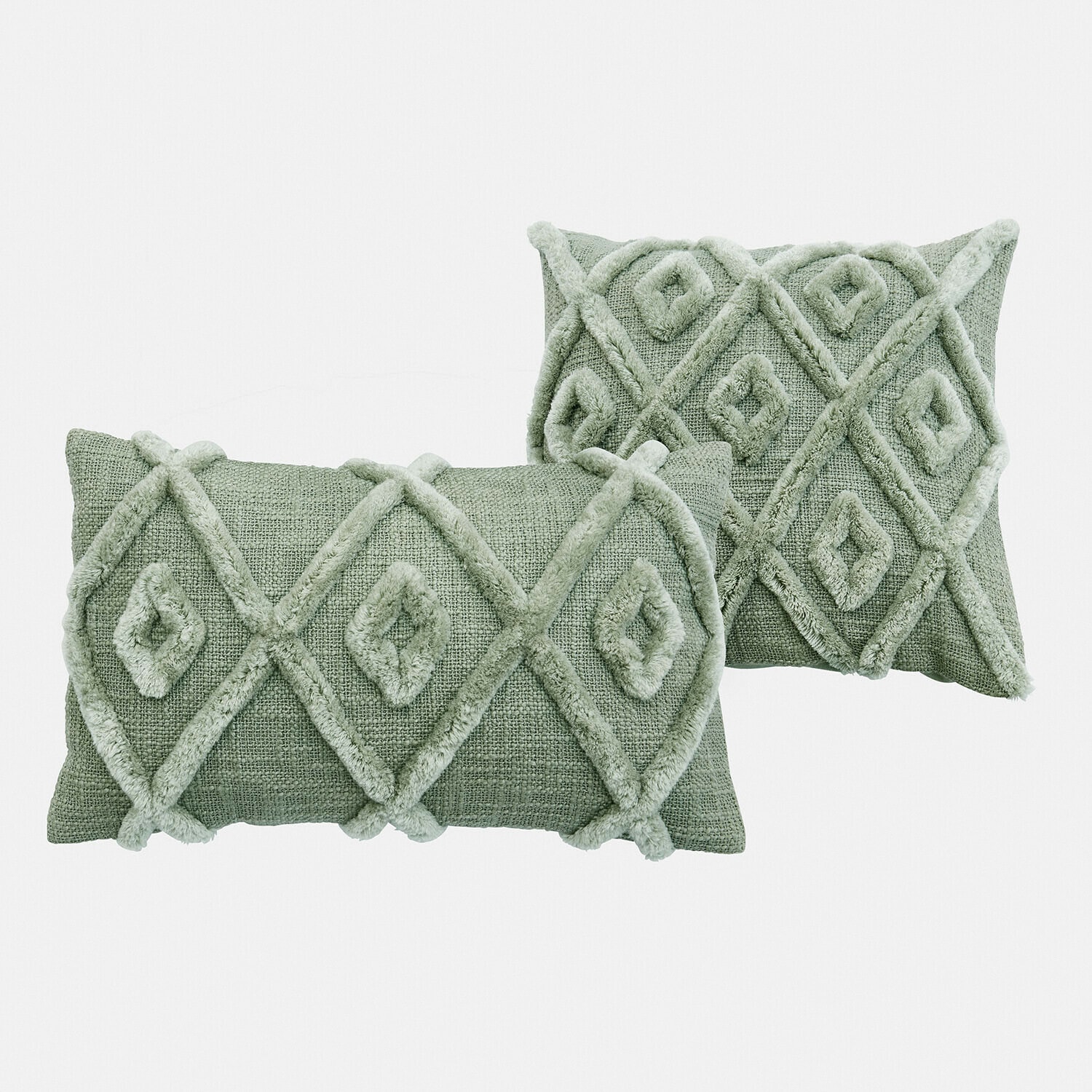 Set van twee groene sierkussens met zacht geometrisch patroon en textuur van stof voor interieur
