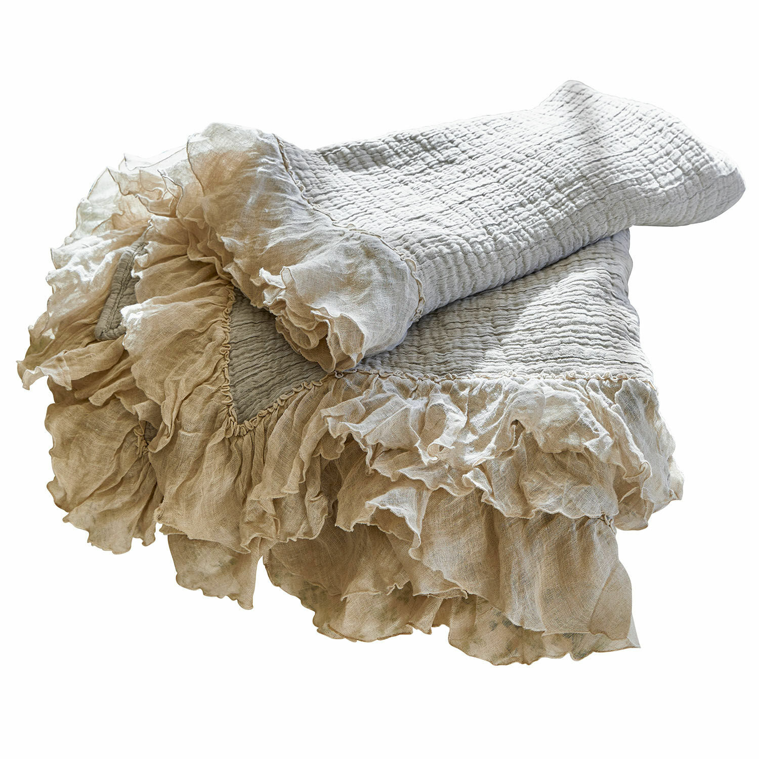 Quilt Lure Beige linnen plaid met ruches, zacht en decoratief, ideaal voor woonkamer of slaapkamer